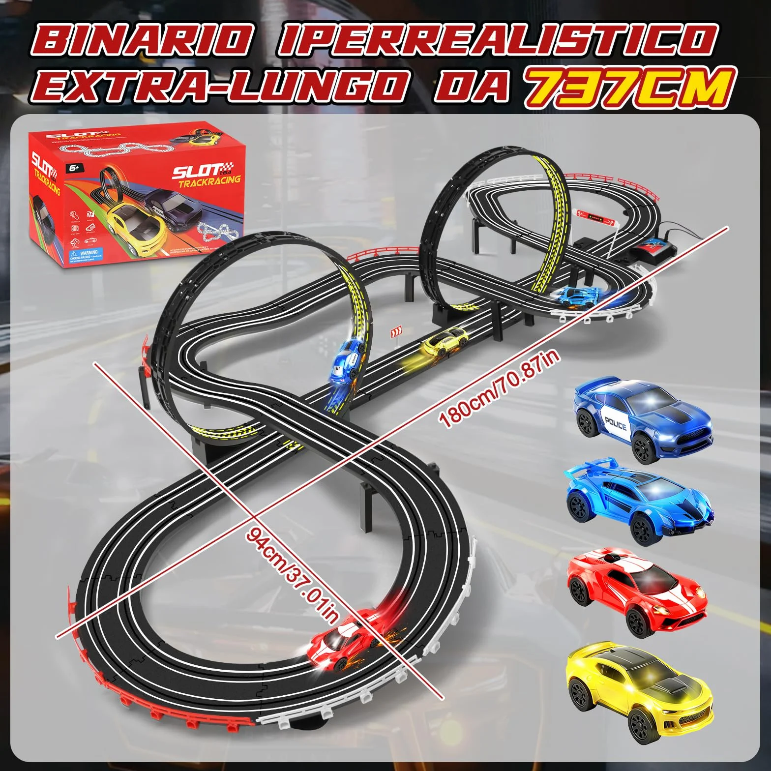 JONRRYIN Piste Corsa Elettriche, 1:64 Pista Macchine Telecomandate Extra-Lungo Piste Auto - 4 Led Macchine, USB, Comandi, Contatore, Passaggio A 360°, Giocattoli Regali Piste Corsa Bambini 3+ Anni