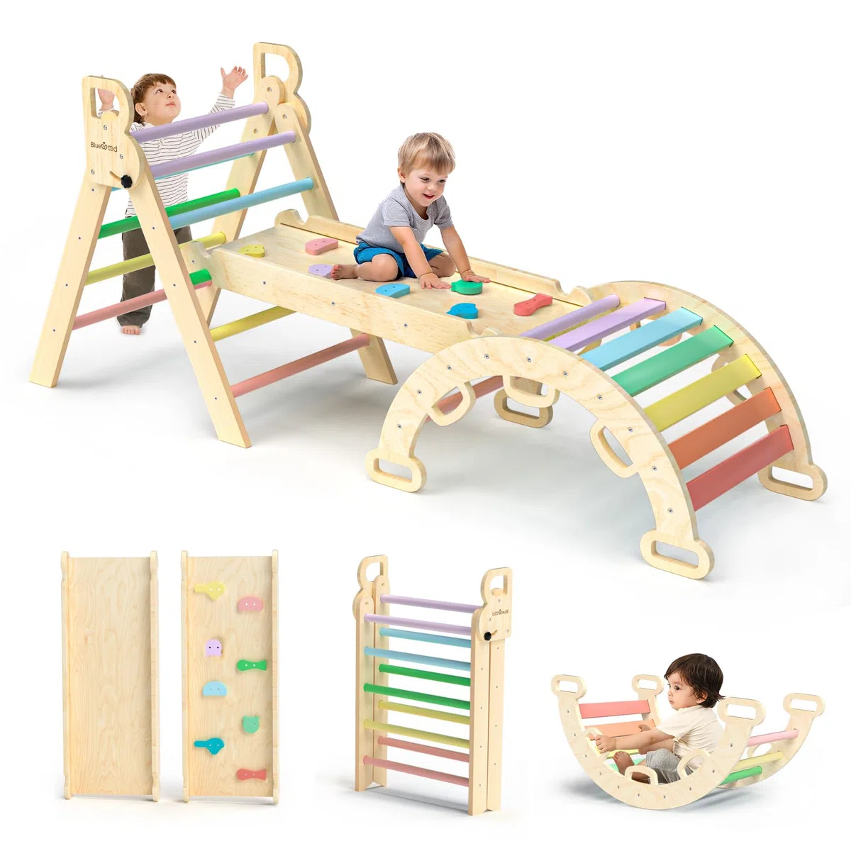 BlueWood Triangle Set 7-in-1 Pieghevoli in Legno Montessori Arco Rampe Scala Palestra Indoor per Bambini Arcobaleno