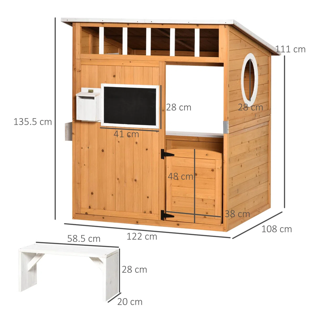 Outsunny Casetta per Bambini in Legno 122x108x135.5cm Gialla con Porta Finestre Panca Portavasi