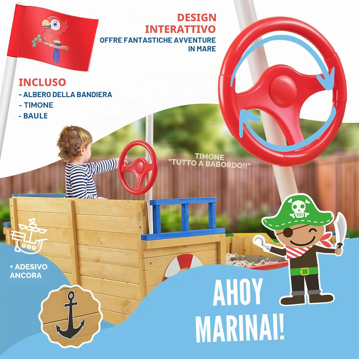 KIDIZ® Sabbiera per bambini Ahoy - nave pirata - barca giocattolo - barca a vela in legno - incl. copertura protettiva, colorato