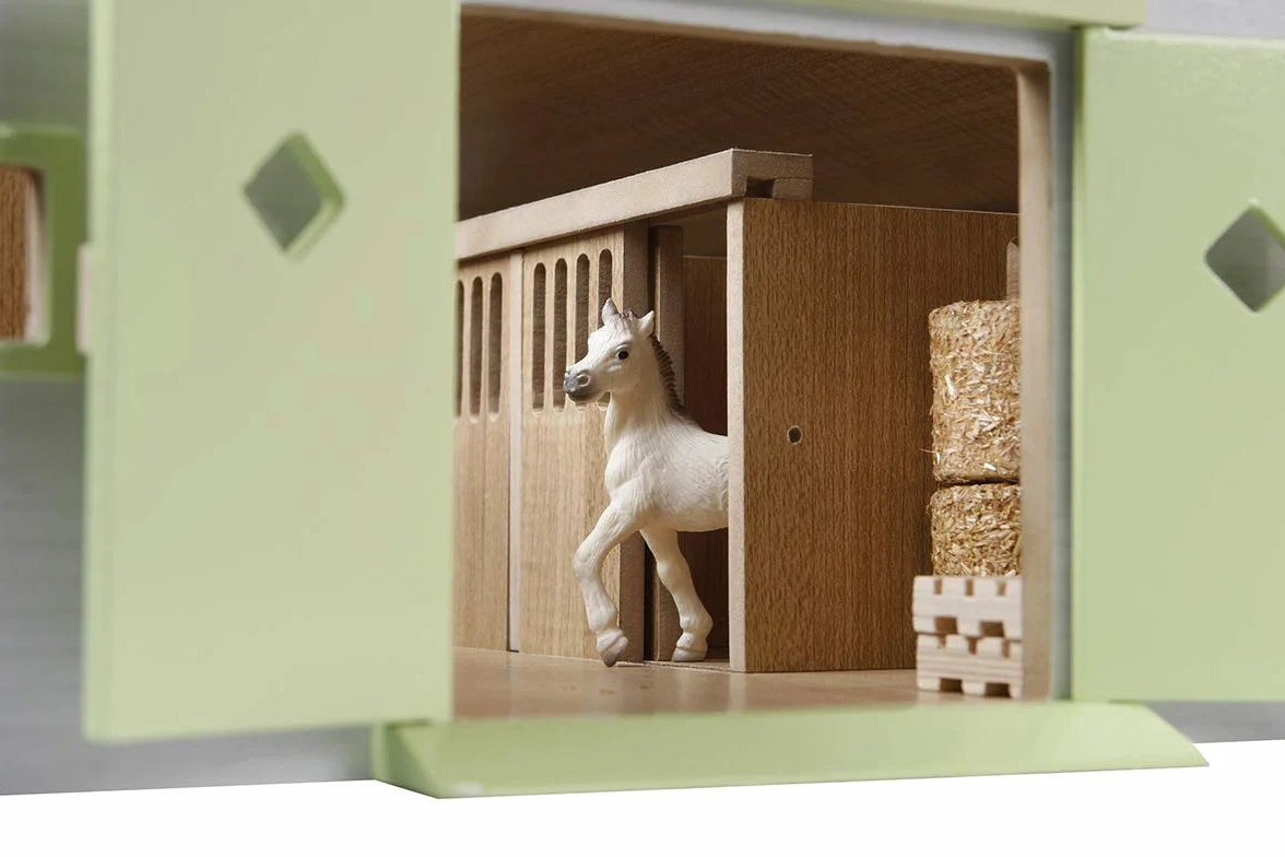 Van Manen Kids Globe Farming 610188 - Fattoria in Legno con 9 Box per Cavalli, con Tetto Pieghevole, Colore: Rosa