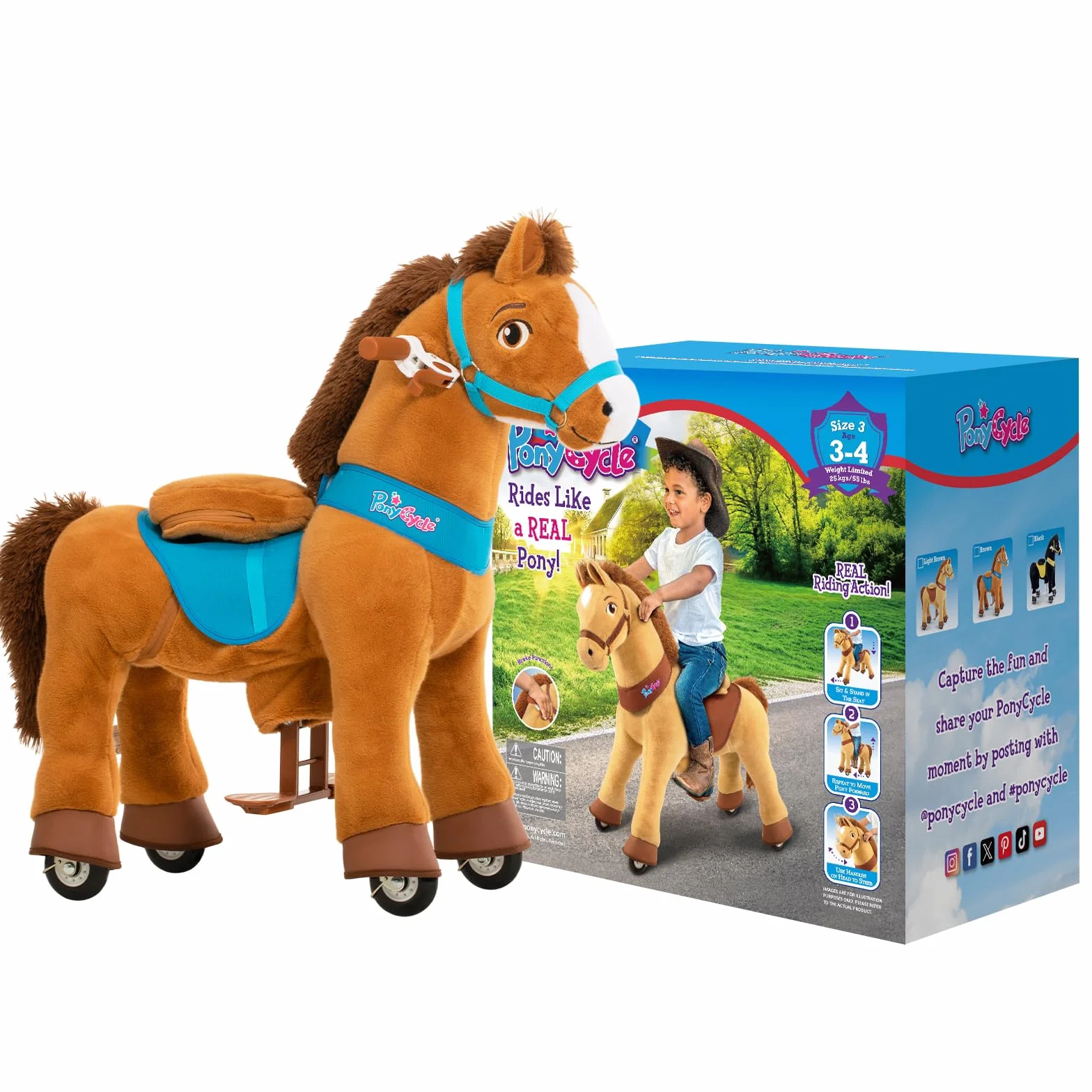 PonyCycle Essenziale Modello E Cavallo Cavalcabile per Bambini con Ruote Pony Cavalcabile per Bambini (con Freno/Taglia 3 per 3-4 Anni) Peluche Cavallo Marrone Chiaro - E337