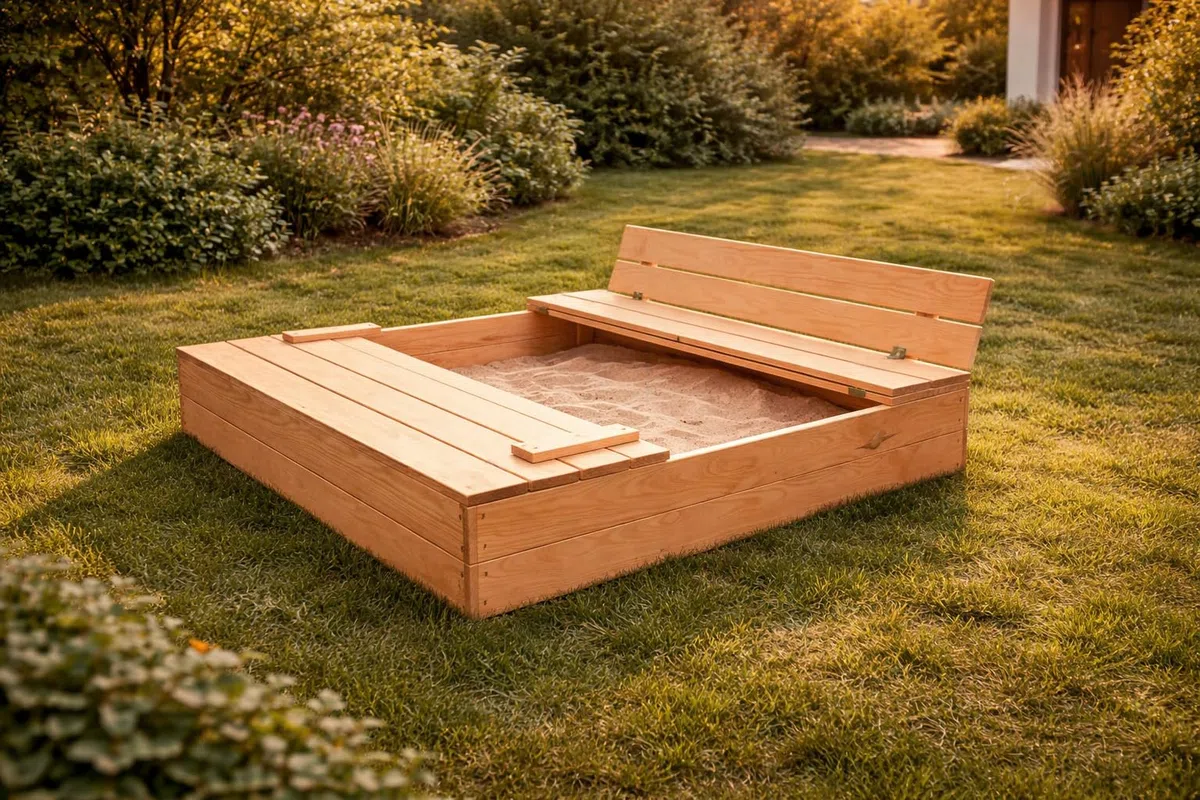 MG Design Sabbiera in legno 120 x 120 cm – con panchine pieghevoli e coperchio, sabbiera da giardino per bambini, sandbox legno esterno