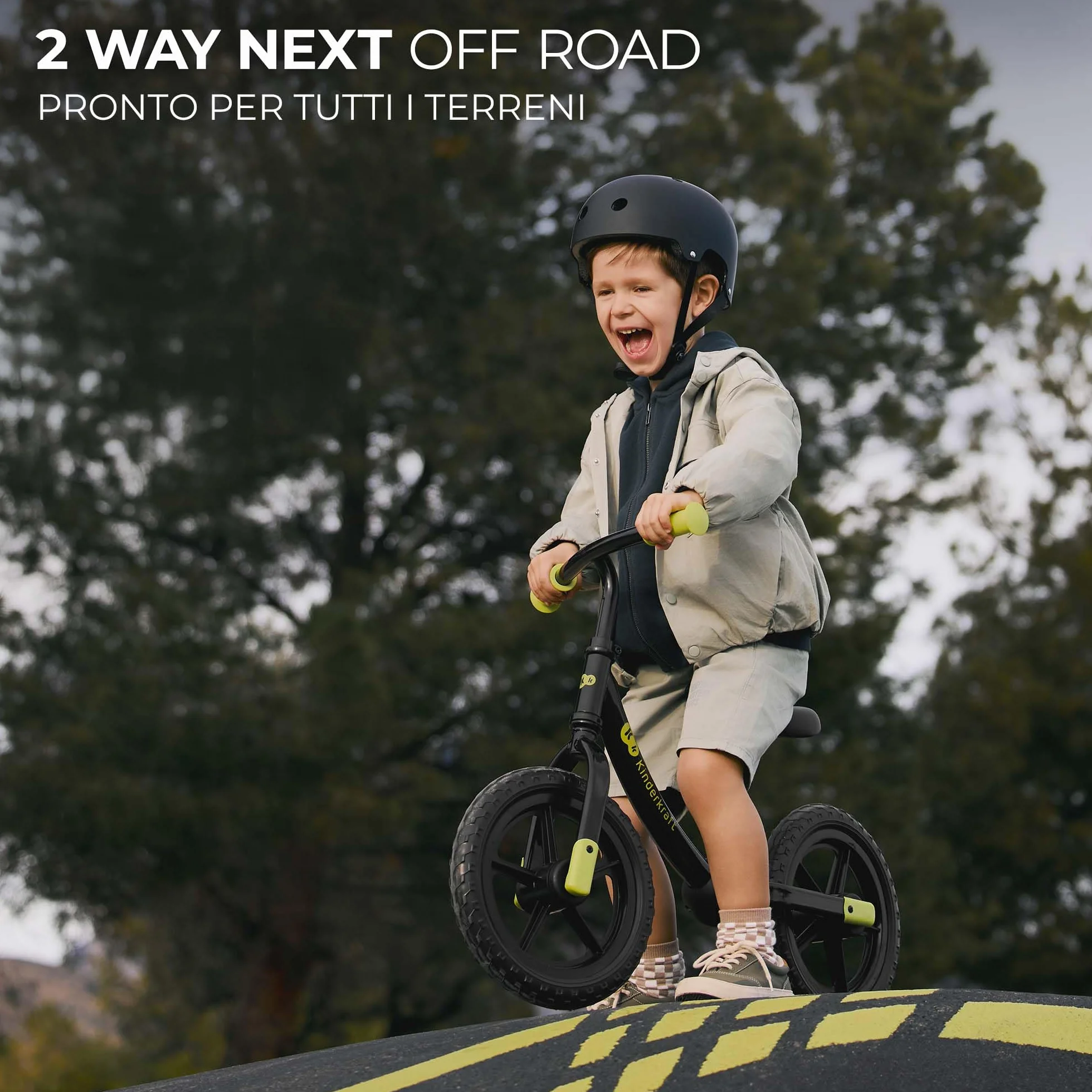Kinderkraft 2WAY NEXT OFF ROAD Bicicletta fino a 35 kg, bicicletta per bambini, ruote da 12 pollici, sella e manubrio regolabili in altezza, facile da montare, impugnatura in gomma, nero