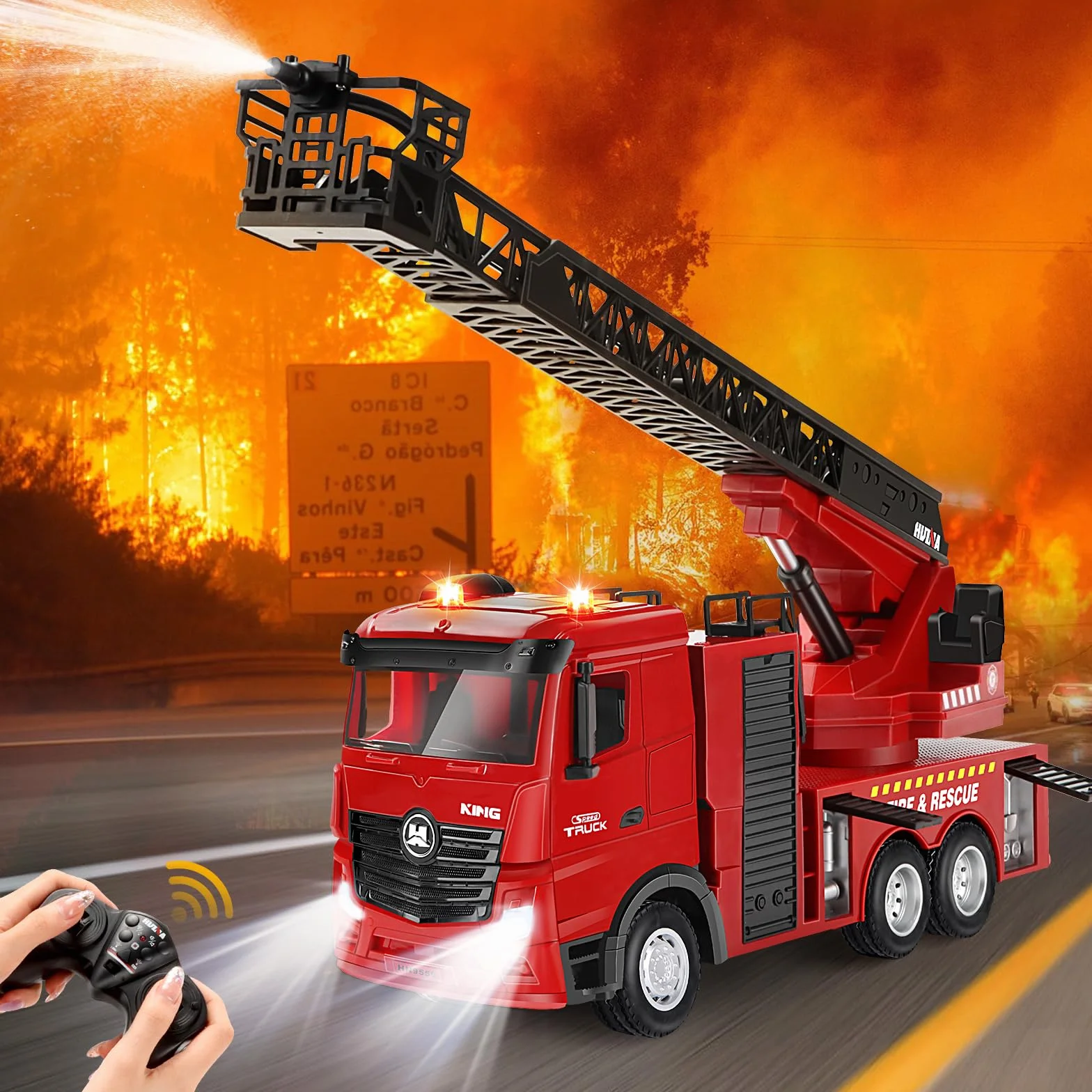 Joellfuner Camion Pompieri Giocattolo, 1:18 15 Canali Camion Pompieri Telecomandato, Giochi Vigili del Fuoco Radiocomandato Grande con Luci, Scala Retrattile e Pompa Spruzzatrice d'acqua per Bambini