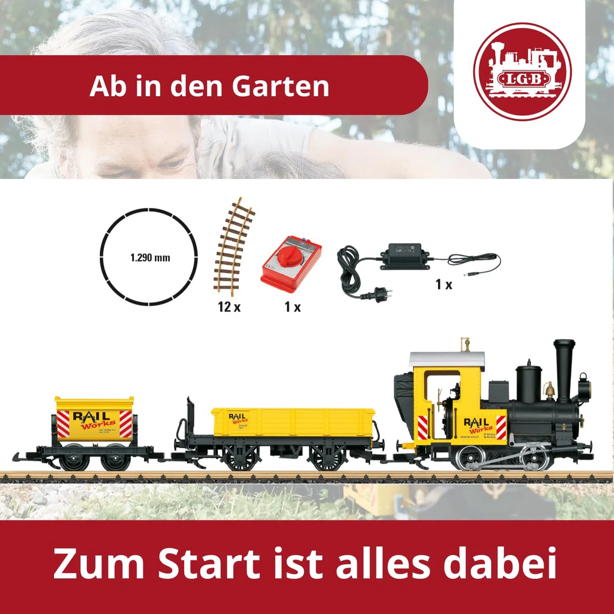 LGB 70503 - Set per treno da giardino, con locomotiva e due carri, per esterni, traccia G