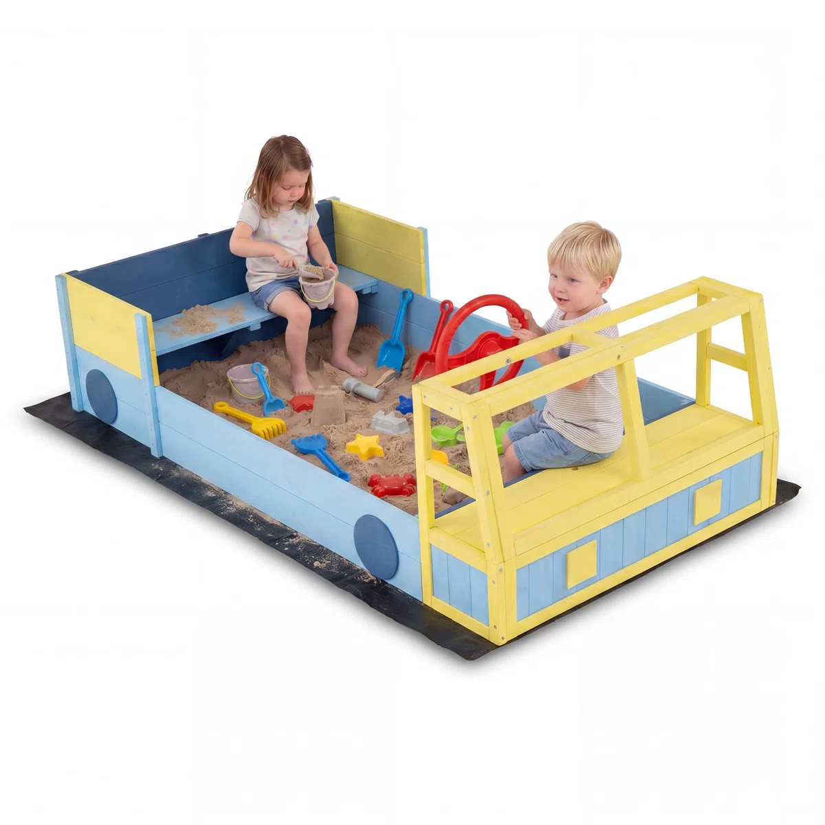 HOMASIS Sabbiera per Bambini a Forma di Camion dei Pompieri, Sabbiera da Esterno con Panca, Contenitore Portaoggetti Nascosto, Rivestimento, Sandbox per bambini 18+ Mesi, 170 x 100 x 48 cm