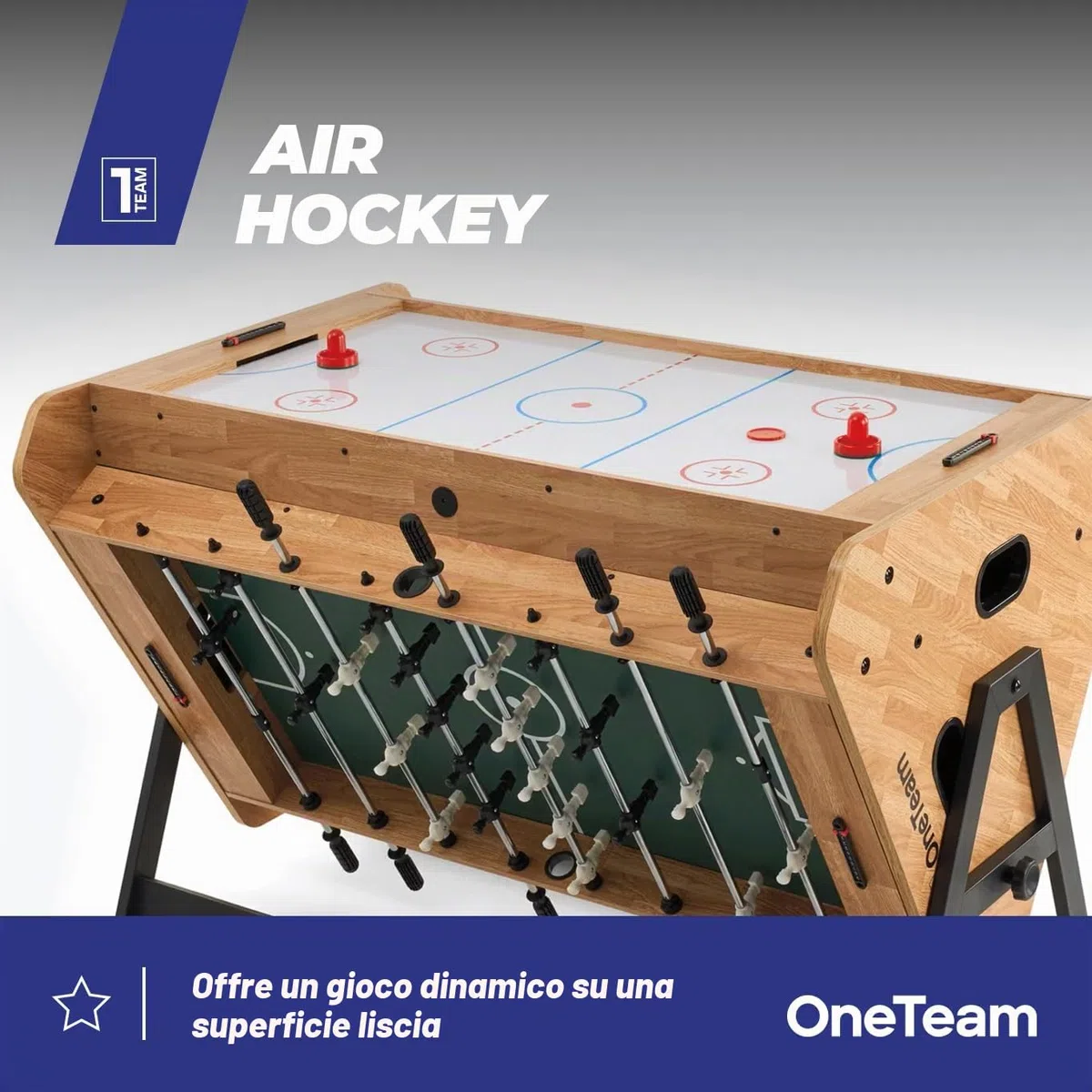 OneTeam FunArena 3in1 – Tavolo da gioco: calcio balilla, biliardo, air hockey; multifunzionale, stabile, compatto con campi di gioco intercambiabili, ideale per casa, sale comuni e stanze di gioco