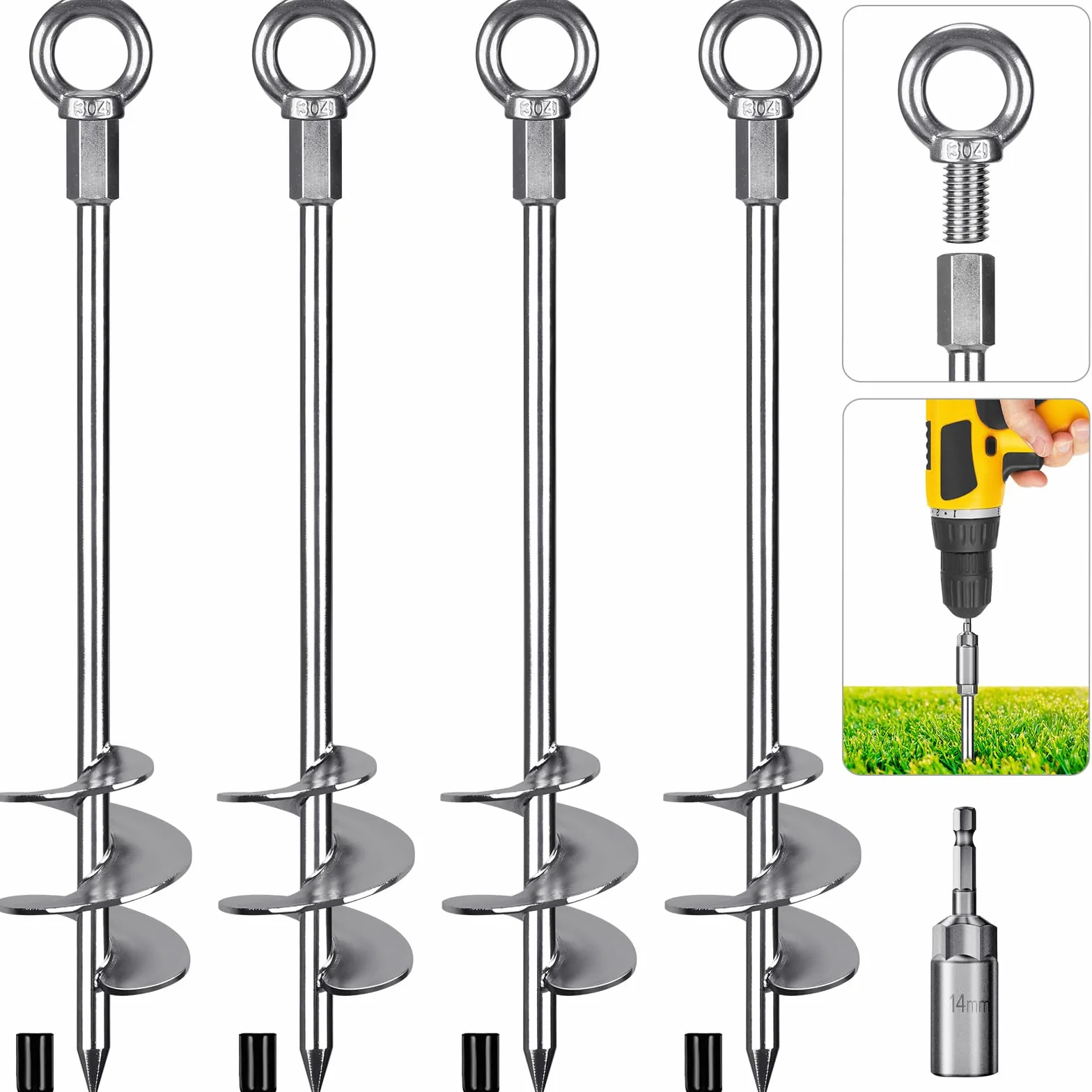 Dolibest Kit di Ancoraggio a Terra Resistente, 46cm Viti di Ancoraggio, Ancoraggio per capannone, Punta Spirale Campeggio Altalena/Campeggio/Tenda/Capannone/Cane/Portico Occhiello Fisso, 4 Confezioni