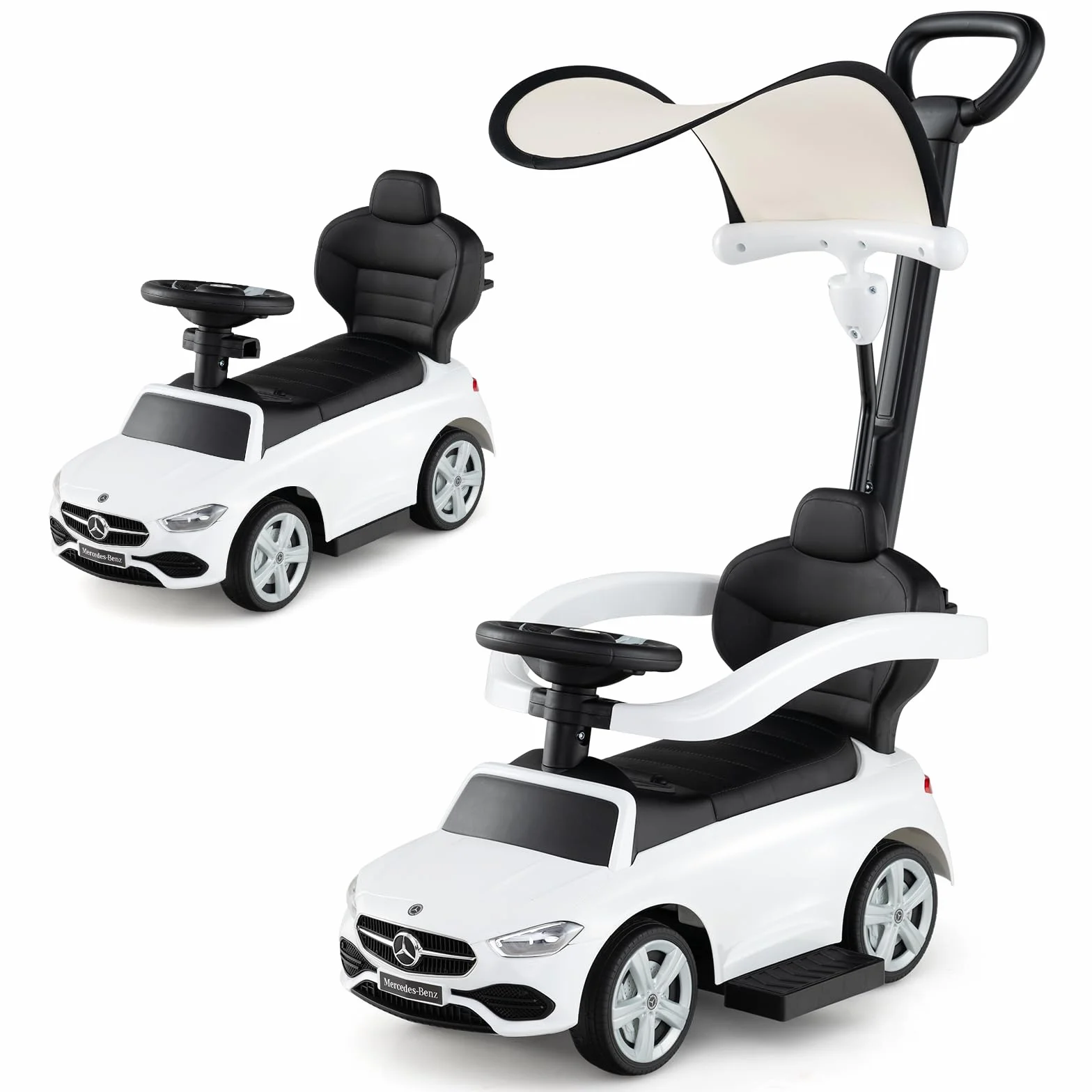 COSTWAY 3 in 1 Auto a Spinta, Mercedes-Benz Macchina Cavalcabile, con Schienale Regolabile Suono Barra di Spinta e Tettuccio, per Bambini 18-36 Mesi (Bianco)