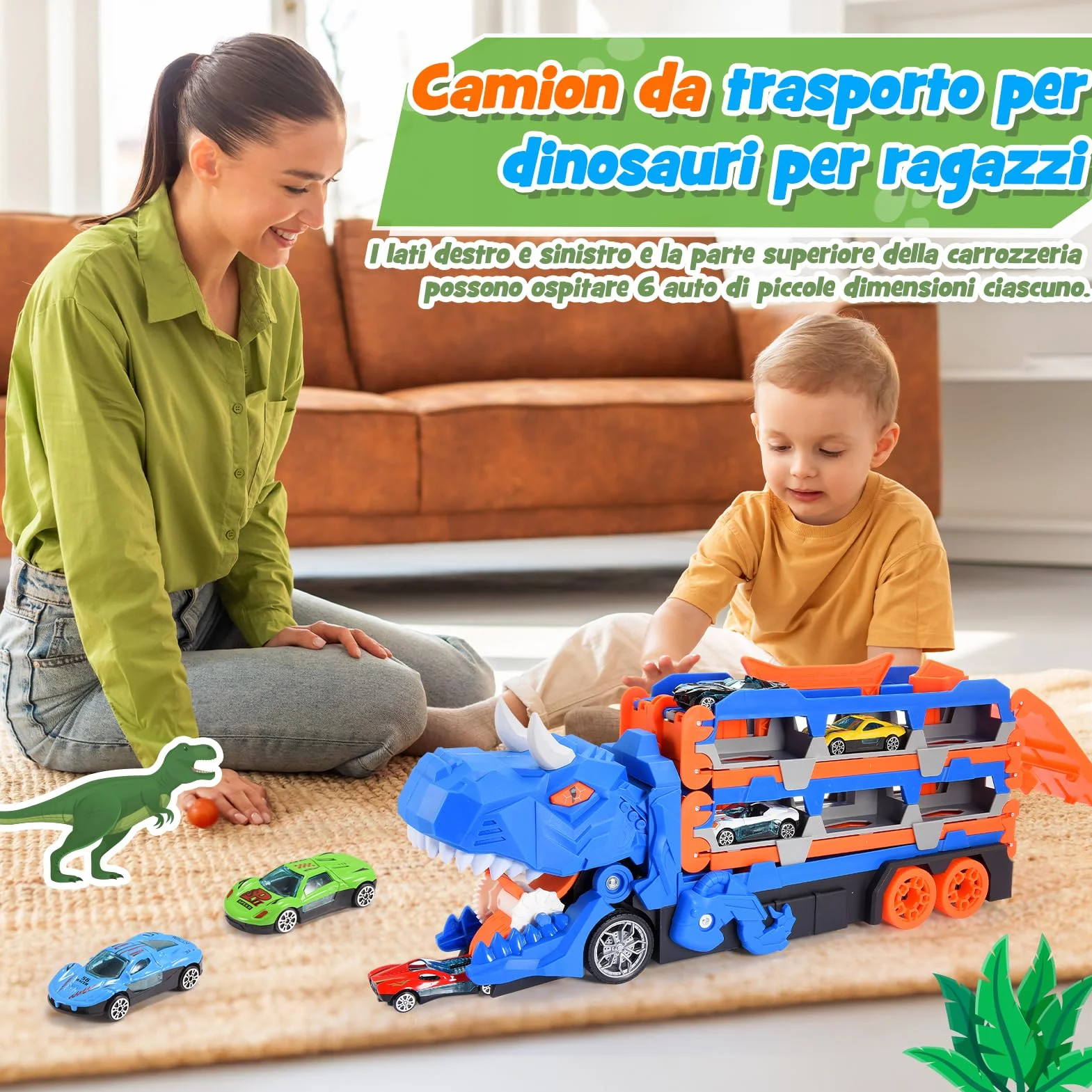 iKidiki Dinosauri Camion Macchinine per Bambini, Gioco Bambino 2 3 4 5 Anni Dinosauri per Bambini Regalo Bambino 2 3 4 5 Anni Camion Giocattolo per Bambini, Traccia Car con 6 Auto da Corsa in Lega
