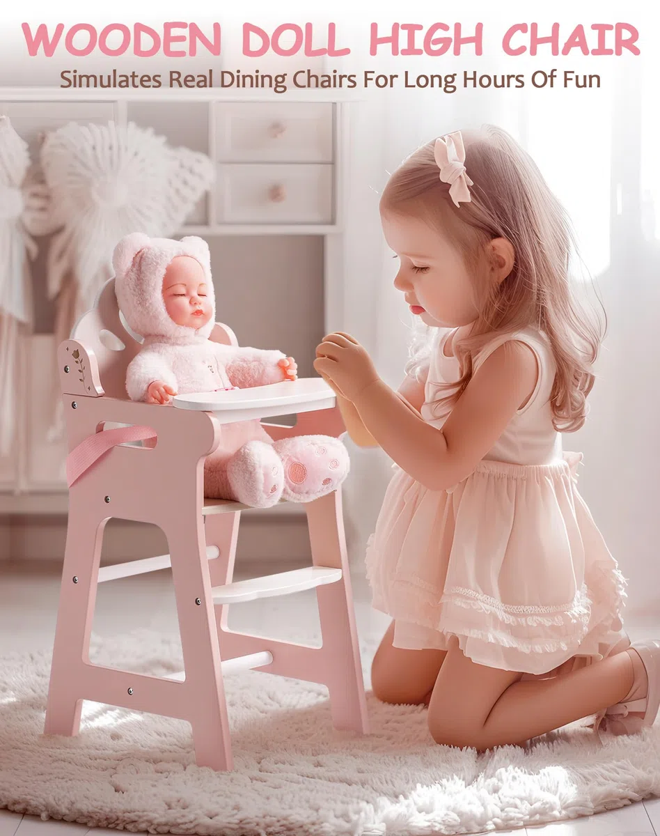ROBUD Seggiolone per Bambini con Cintura di Sicurezza Regolabile, Tavolo e Poggiapiedi per Bambole fino a 18", Giocattolo dai 3+ Anni Rosa