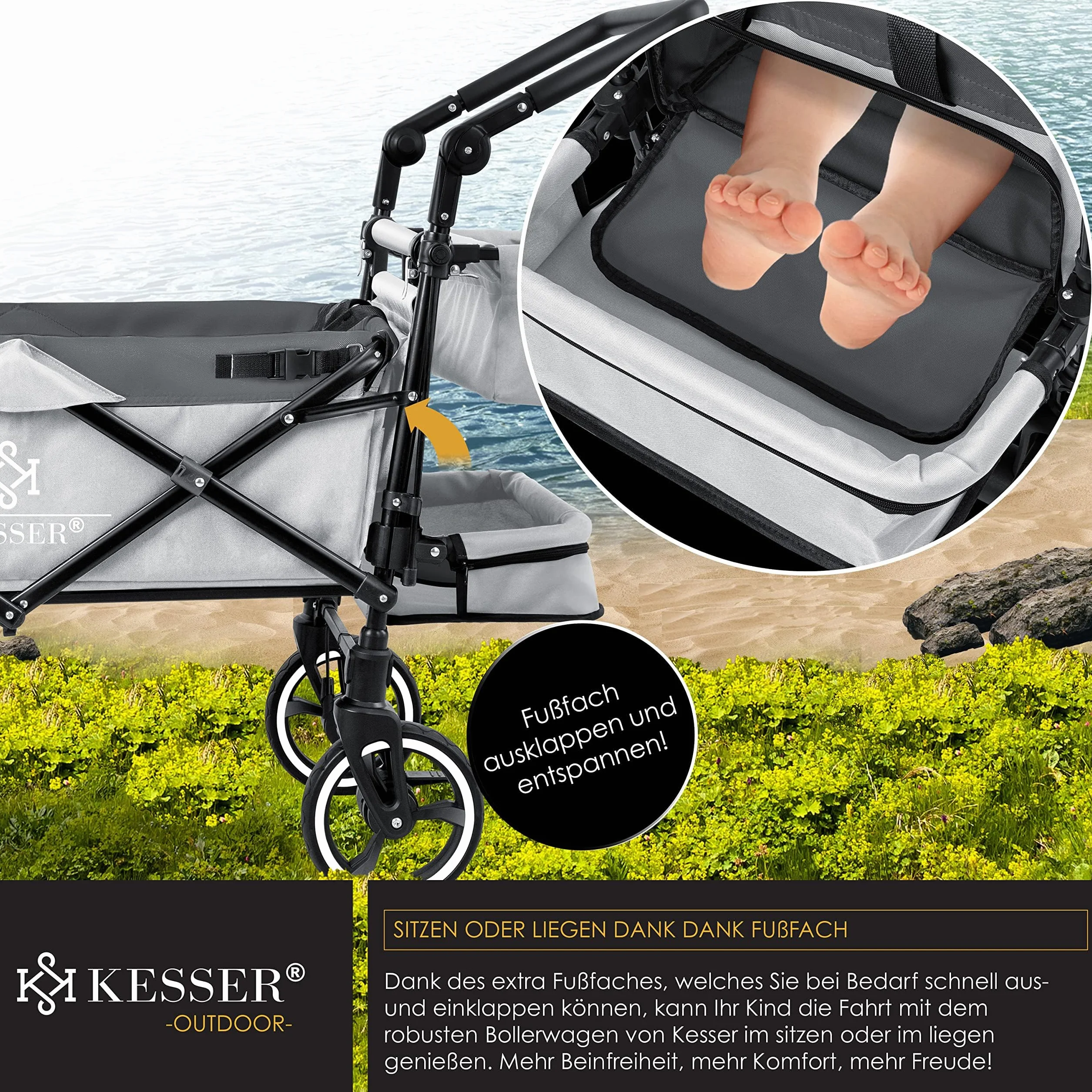 KESSER® - Carrello pieghevole manuale GTS-9100 con tettoia, carrello pieghevole con 2 sistemi con cinture a 3 punti, ruote in gomma girevoli a 360° e sistema di prolungamento interno, freno anteriore