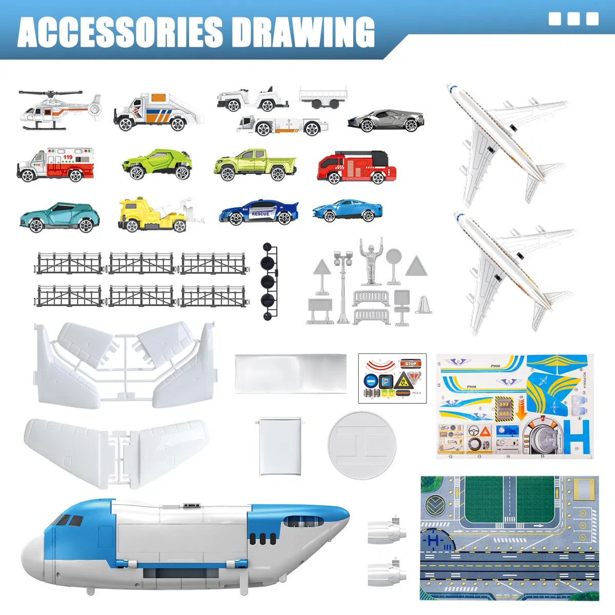 Set Giocattoli Trasporto Aereo Auto 15 Mezzi con Segnaletica Stradale Tappetini da Gioco Regalo Bambini 3+