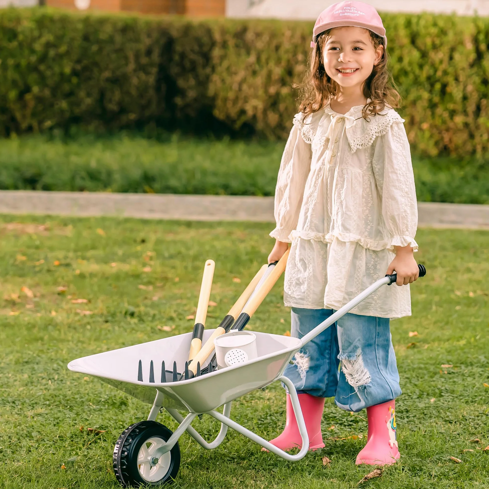 ROBOTIME Carriola in metallo per bambini, 5 pezzi, grande set da giardino in grigio e nero, con manico in legno di pino regolabile, annaffiatoio, rastrello, pala, per ragazzi e ragazze dai 3 anni in