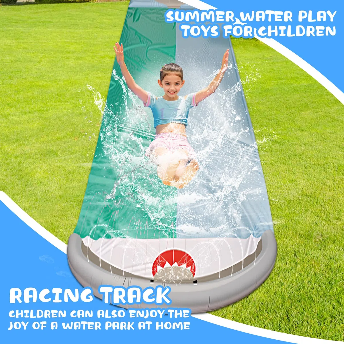 ACTOYS Scivolo d'Acqua Doppio per Prato con Bodyboards, Giocattolo Estivo con Irrigatore Integrato (196x57in)