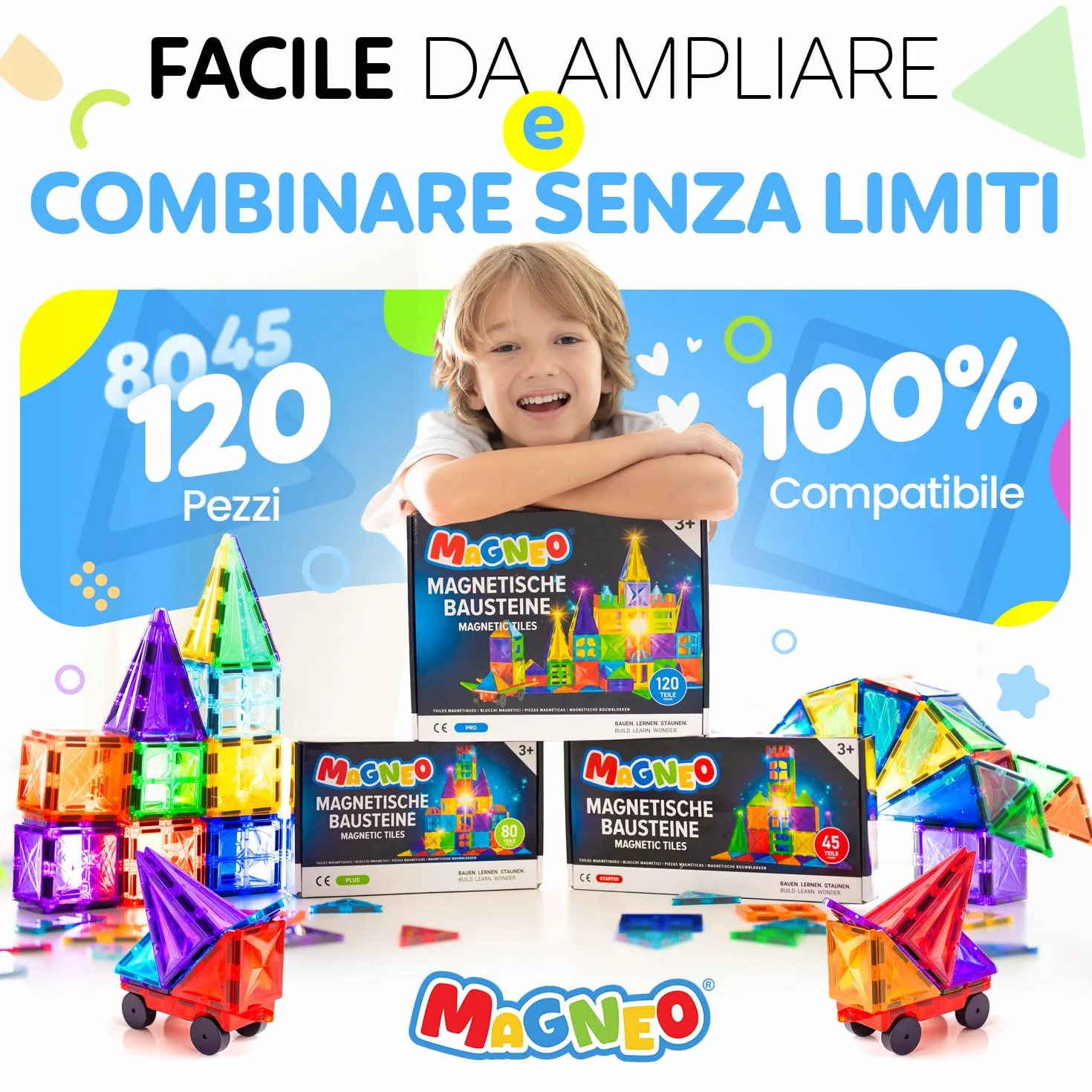 Blocchi Magnetici 120 Pezzi (2 Auto) – Costruzioni Magnetiche per Bambini 3+ – Gioco Creativo con Magnetic Tiles – Blocco da Costruzione Educativo – Idea Regalo Bimbi