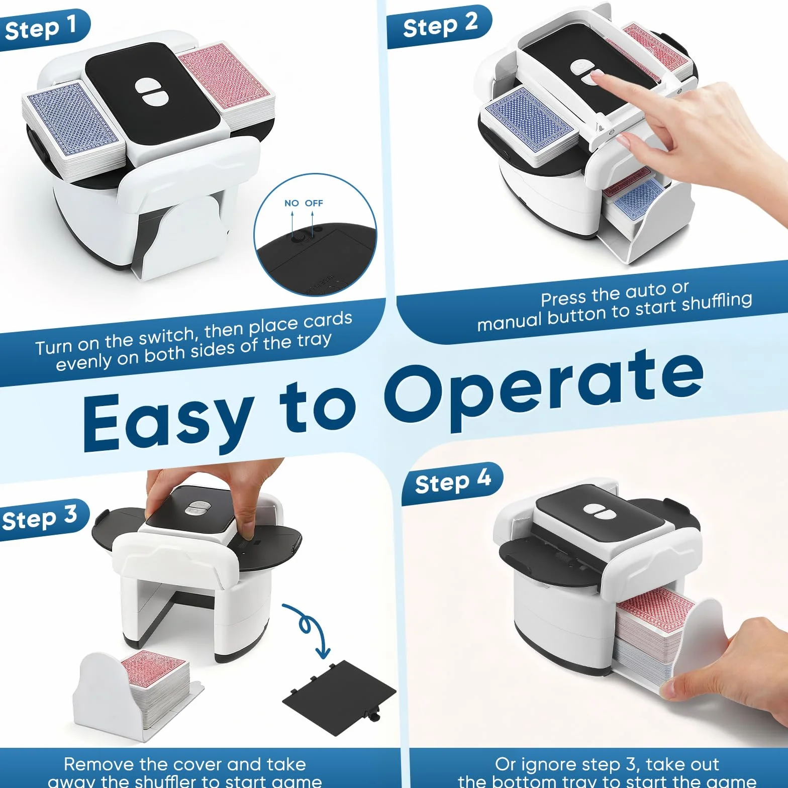 Mescolatore automatico di carte per 1–4 giochi di carte, ricaricabile, 2 modalità di miscelazione, compatibile con carte da poker, bridge, UNO e Phase 10 (Bianco)