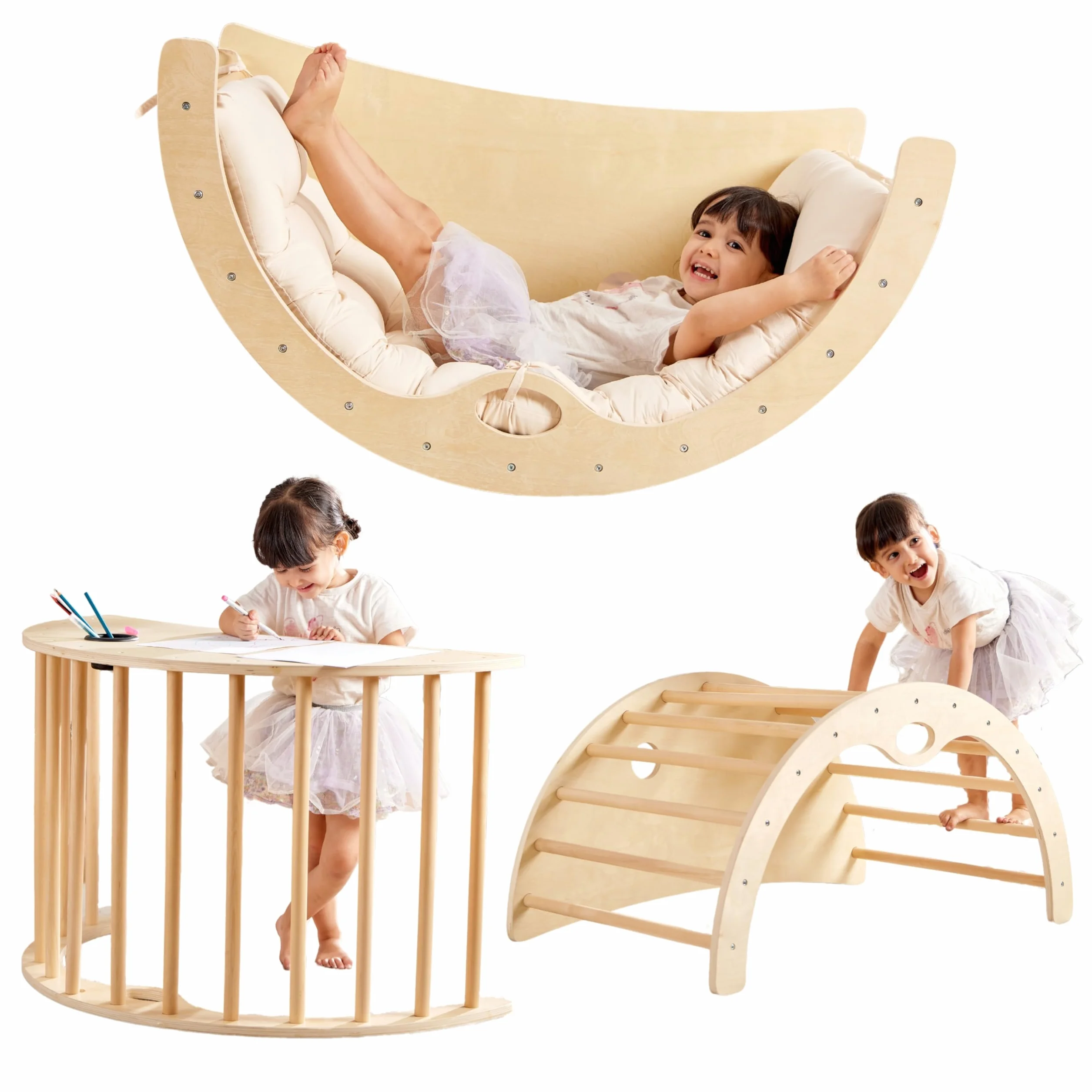 Arco da Arrampicata Montessori per Bambini - Giocattolo Educativo per capacità Motorie - Dondolo, Scivolo, Tavolo da Gioco - Ideale per Interni ed Esterni