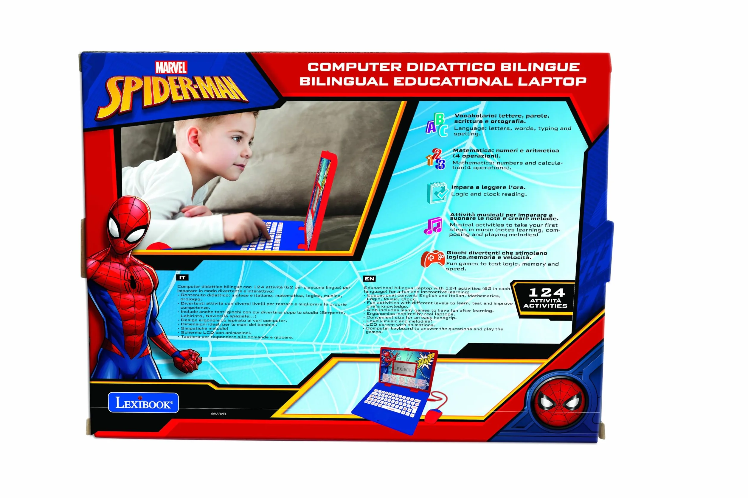 Lexibook - Spider-Man Computer Portatile educativo bilingue Italiano/Inglese - 124 attività per Un apprendimento Divertente e interattivo - Matematica, logica, Musica, Orologio - JC598SPi5LXB