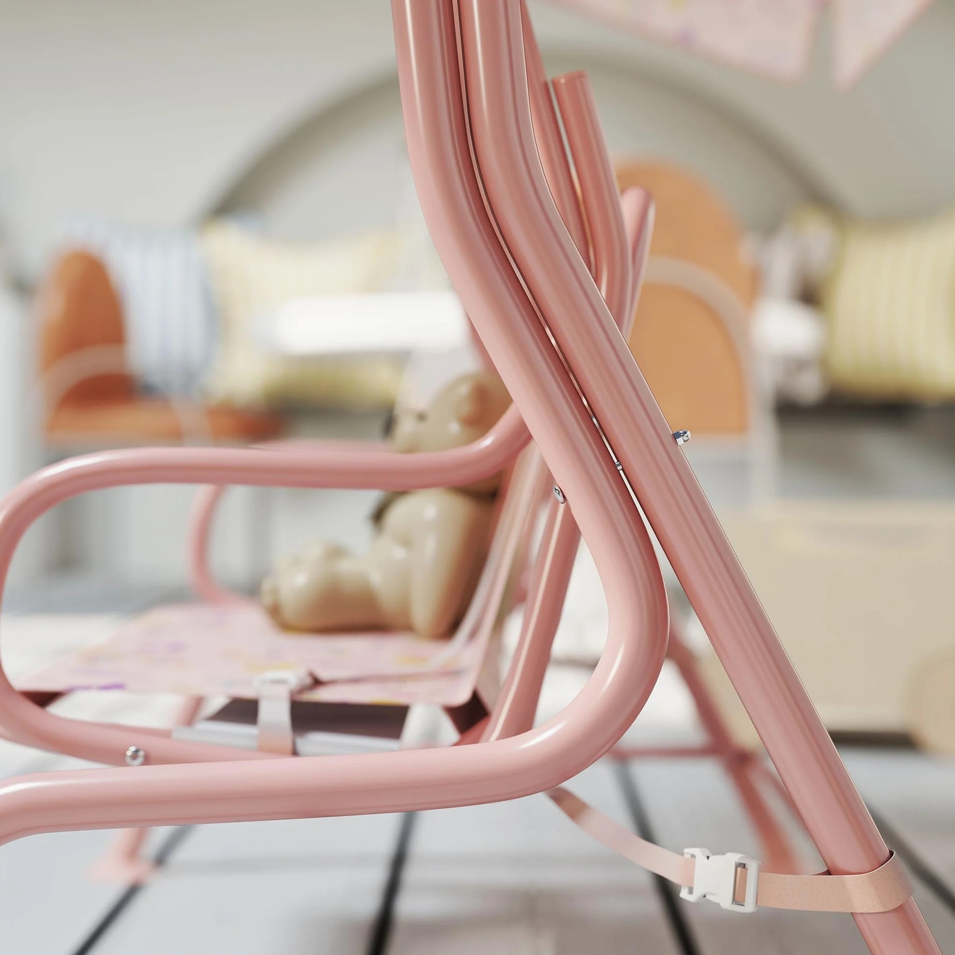 AIYAPLAY Dondolo per Bambini da Esterno a 2 Posti con Tettuccio Regolabile e Cinture di Sicurezza, Altalena Dondolo da Giardino e Interno in Acciaio e Oxford, Max 60 kg, 112x75x120 cm, Rosa