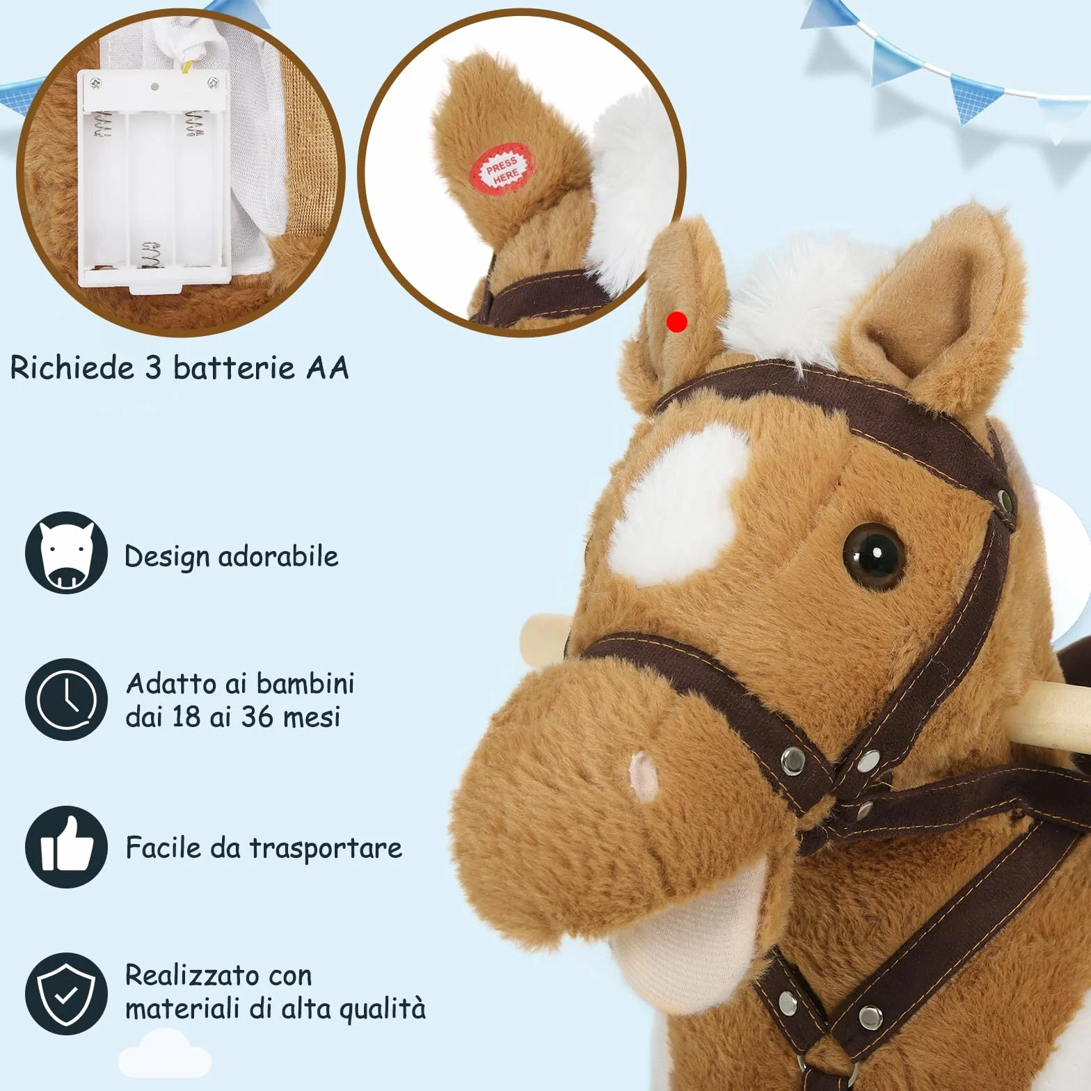 WOLTU Cavallo a Dondolo in Legno per Bambini, Cavalluccio Cavalcabile in Peluche con Suoni, Giocattolo Regalo per Bimbi 1/2/3 Anni, Marrone e Bianco