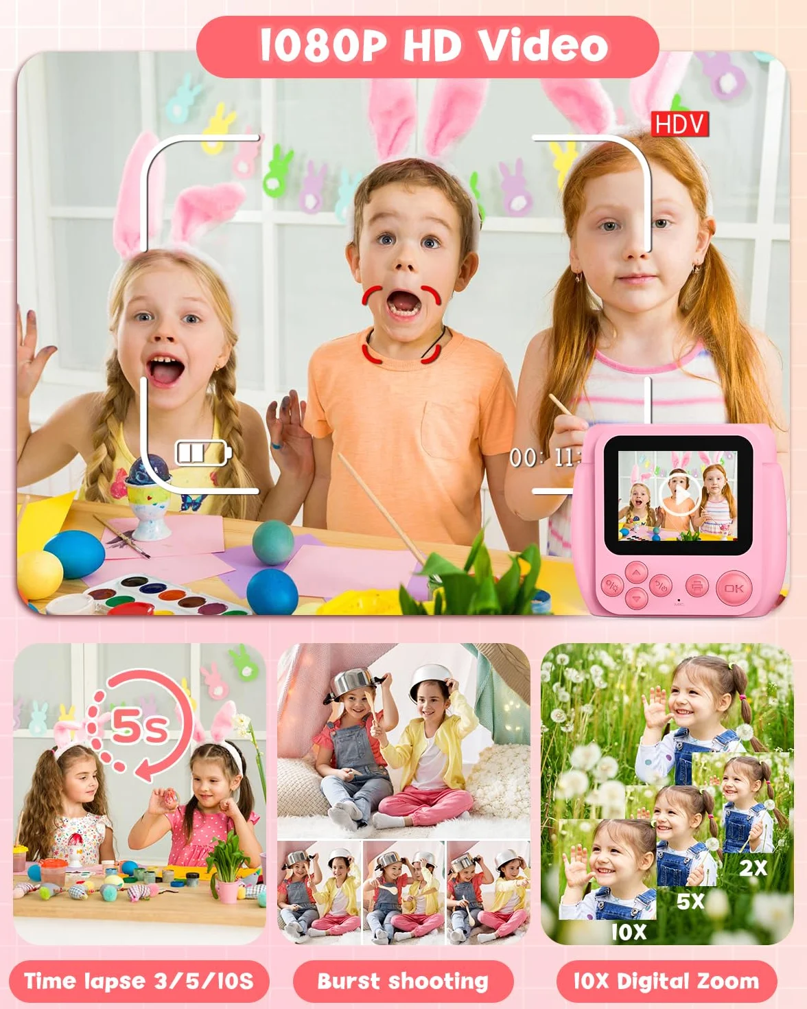 Gofunly Macchina Fotografica Bambini Istantanea, 2,4 Pollici Schermo Fotocamera Istantanea per Bambini con 32GB Scheda, 1080P HD Fotocamera Digitale Regalo per Ragazze Ragazzi da 3-12 Anni