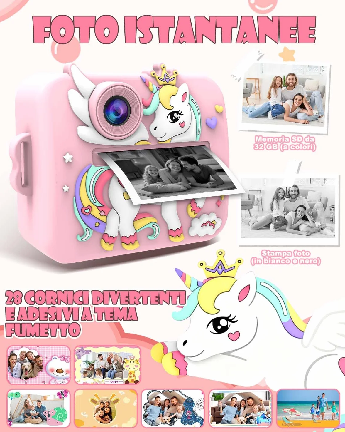Macchina Fotografica Bambini Unicorno Istantanea, 2.4" Schermo, 1080P Video & 16X Zoom, Fotocamera per Bambini 32GB, Stampa Senza Inchiostro, Giochi, Musica, Regalo Ragazze 3-12 Anni