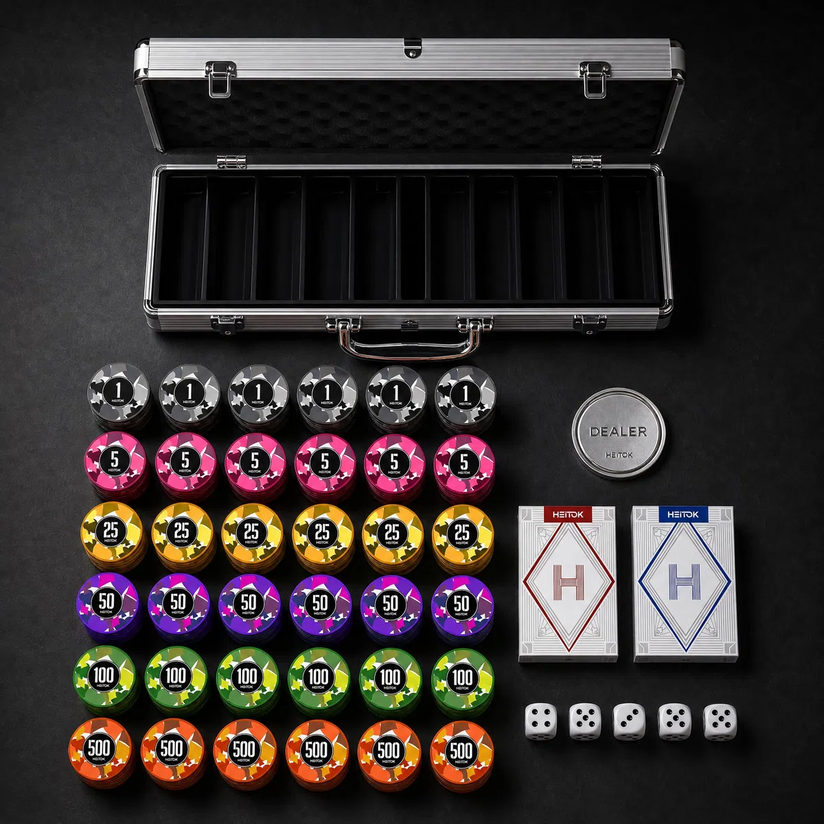 HEITOK Set Poker Professionale 300 Fiches Numerate 11,5g con Valigetta Alluminio Rinforzata, 2 Mazzi Carte e Bottone Dealer in Metallo per Texas Hold'em e Casinò