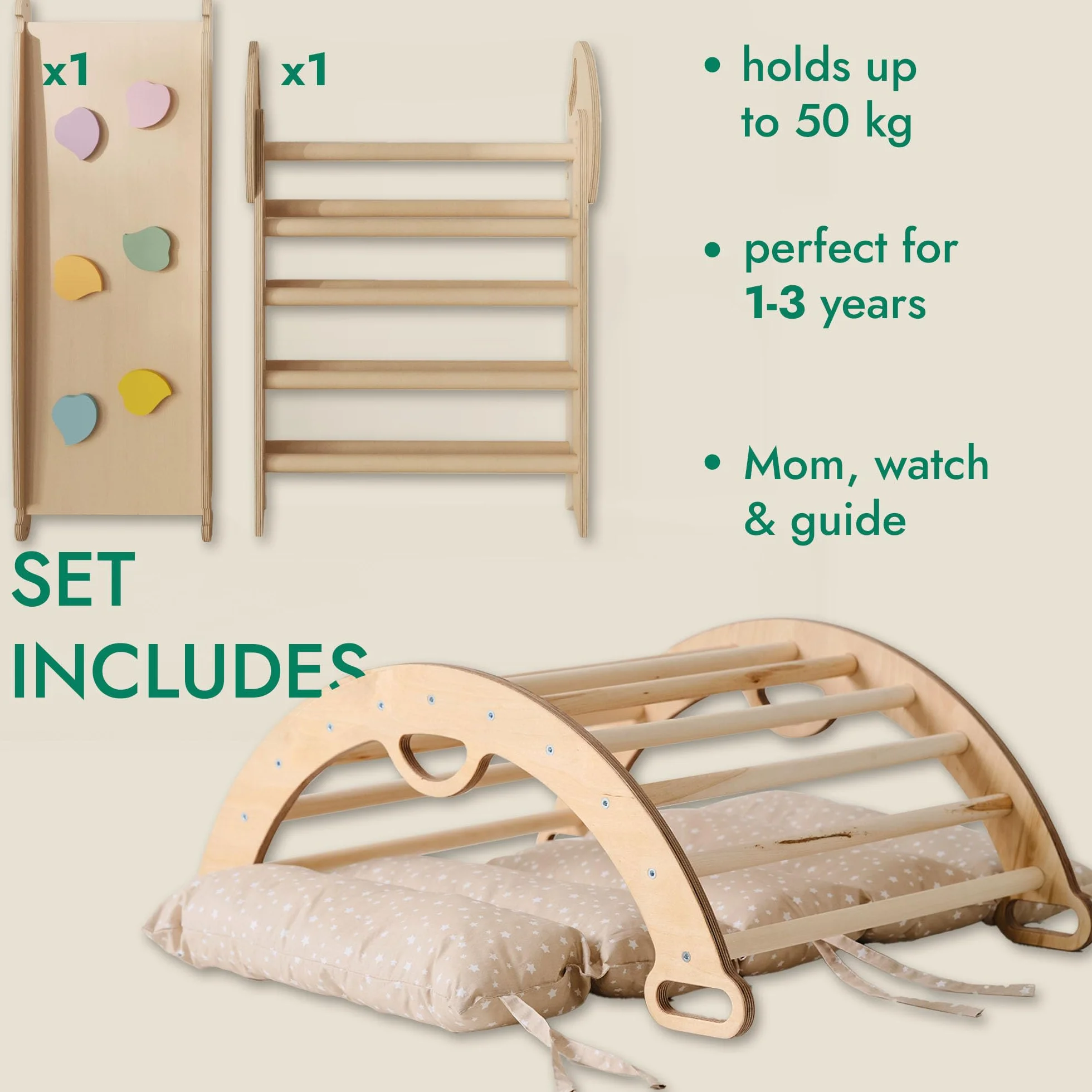 Goodevas Palestra in Legno 5 in 1 Bambini, Scala a Triangolo, Arco, Balance Board con Cuscino, Montessori 1-3 Anni