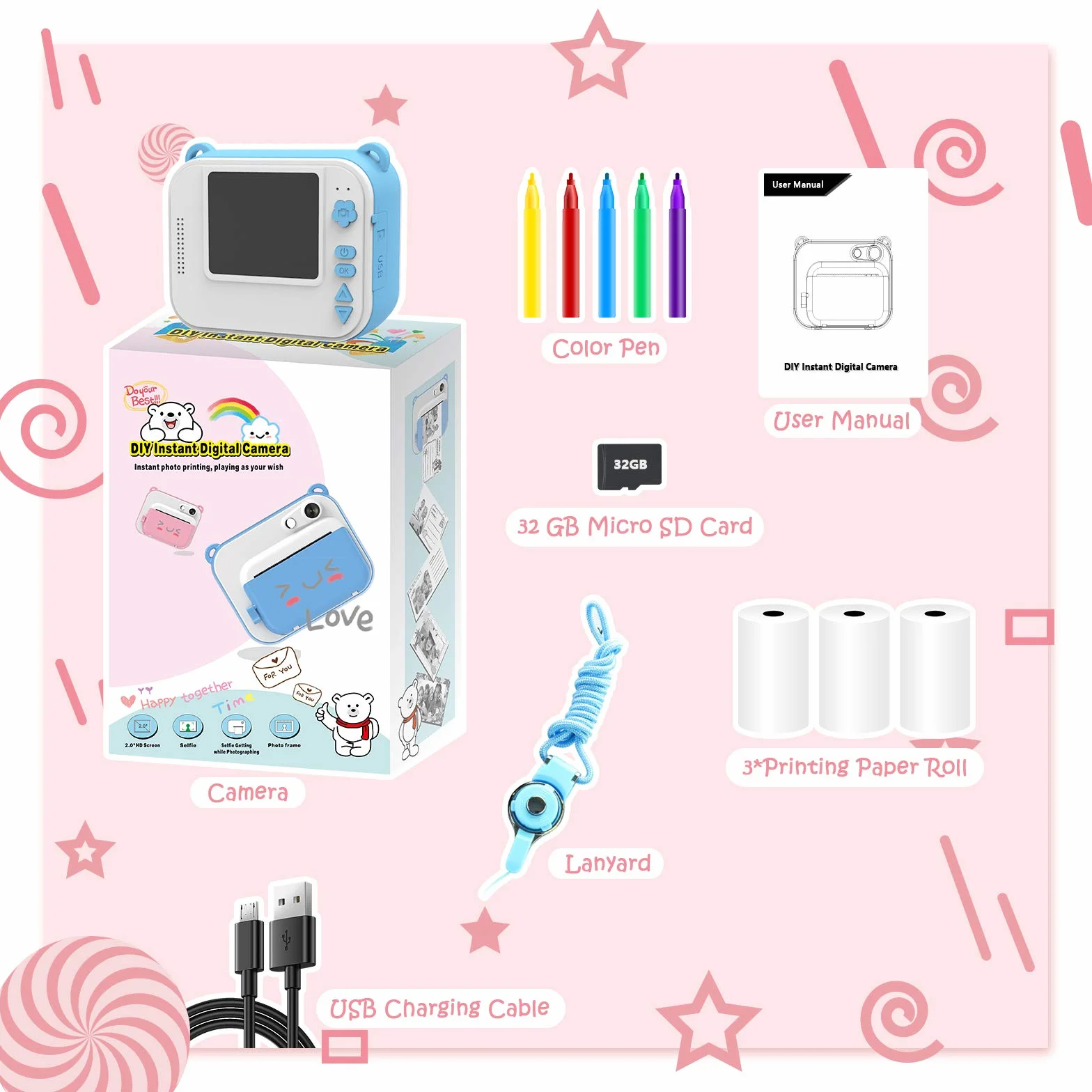 Macchina Fotografica Bambini Istantanea,ULEWAY Digitale Fotocamera 1080P HD Videocamera Giochi con 32GB Scheda SD, 5 Penne Colorate, Regalo di Compleanno per Ragazzi e ragazze 3-12 Anni (Blu)