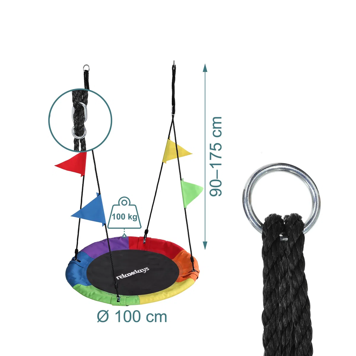 Relaxdays Altalena Nido Suspesa Rotonda Regolabile per Bambini, Ø 100 cm, Max 100 kg, Multicolore