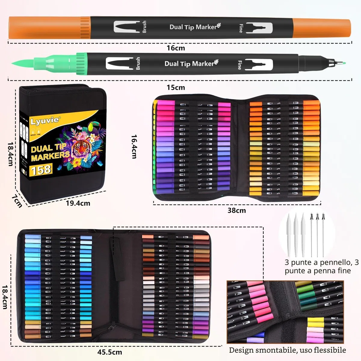 Lyuvie 158 Colori Pennarelli Punta Fine-Set Pennarelli Doppia Punta Brush Pen Lettering con custodia Nera,Pennarelli Acquerellabili per Adulti Bambini Disegni Colorare Lettere Pasqua Natale