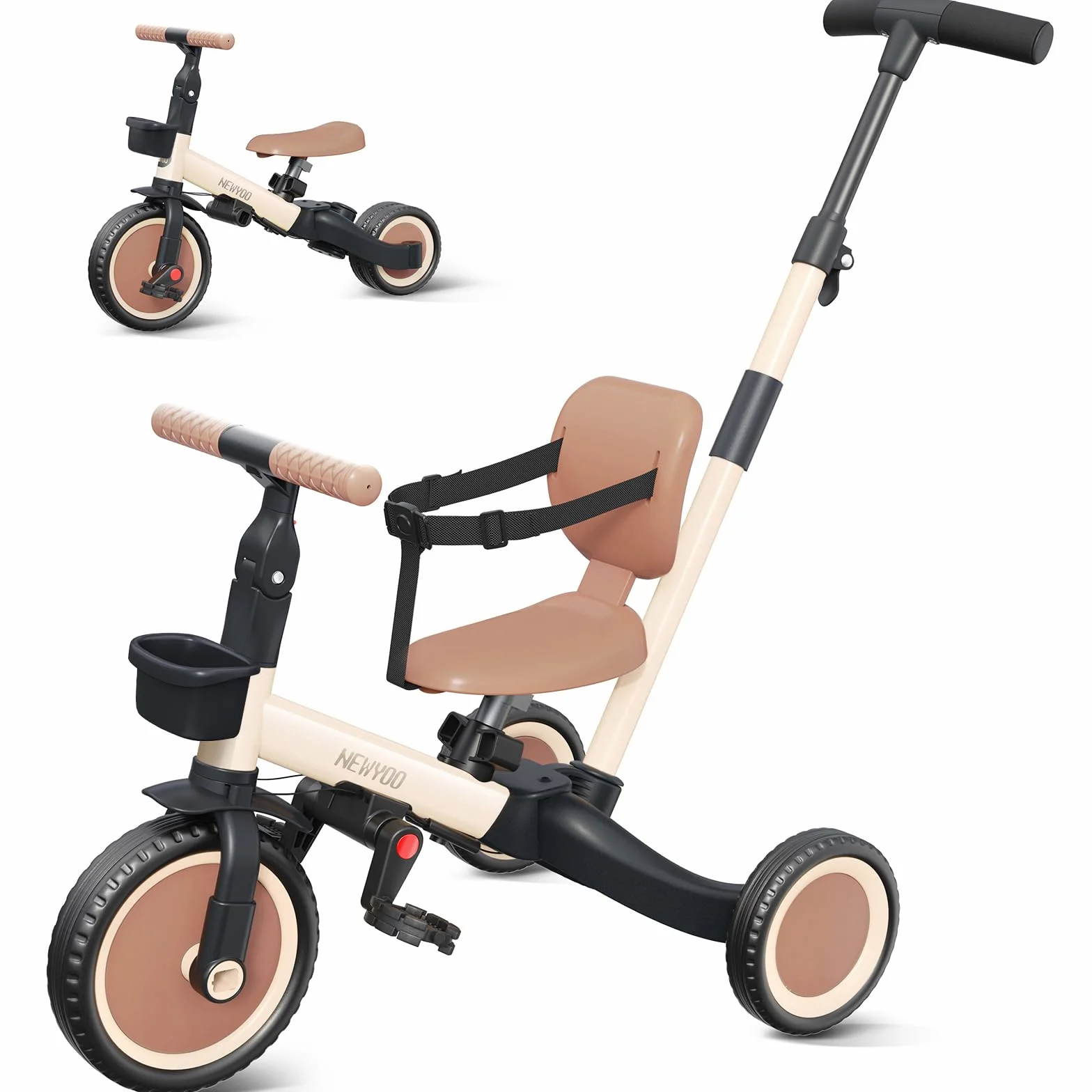 newyoo Triciclo per Bambini 1-3 Anni con Manico di Spinta, Bicicletta per Bambini, Regalo e Giocattolo per Bambini e Bambine, Triciclo 5 in 1 con Schienale e Cintura di Sicurezza, Kaki, TR007