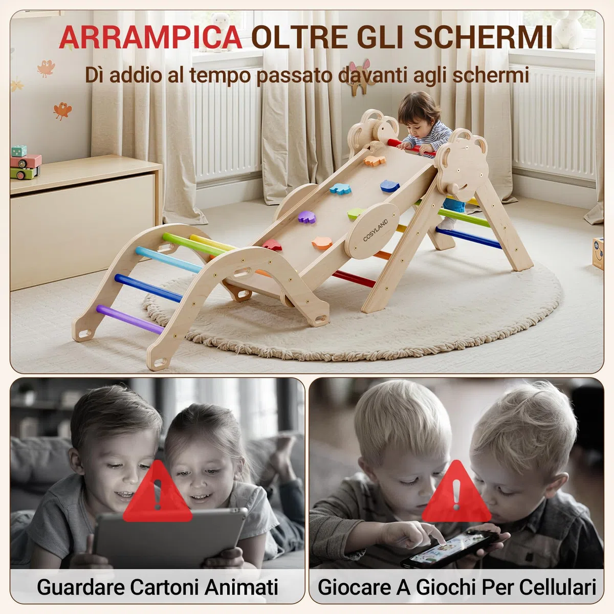 COSYLAND Set Arrampicata 8 in 1 Bambini Triangolo Pikler Arco Montessori Scivolo Pieghevole Interno 18M-3A Arcobaleno Classico