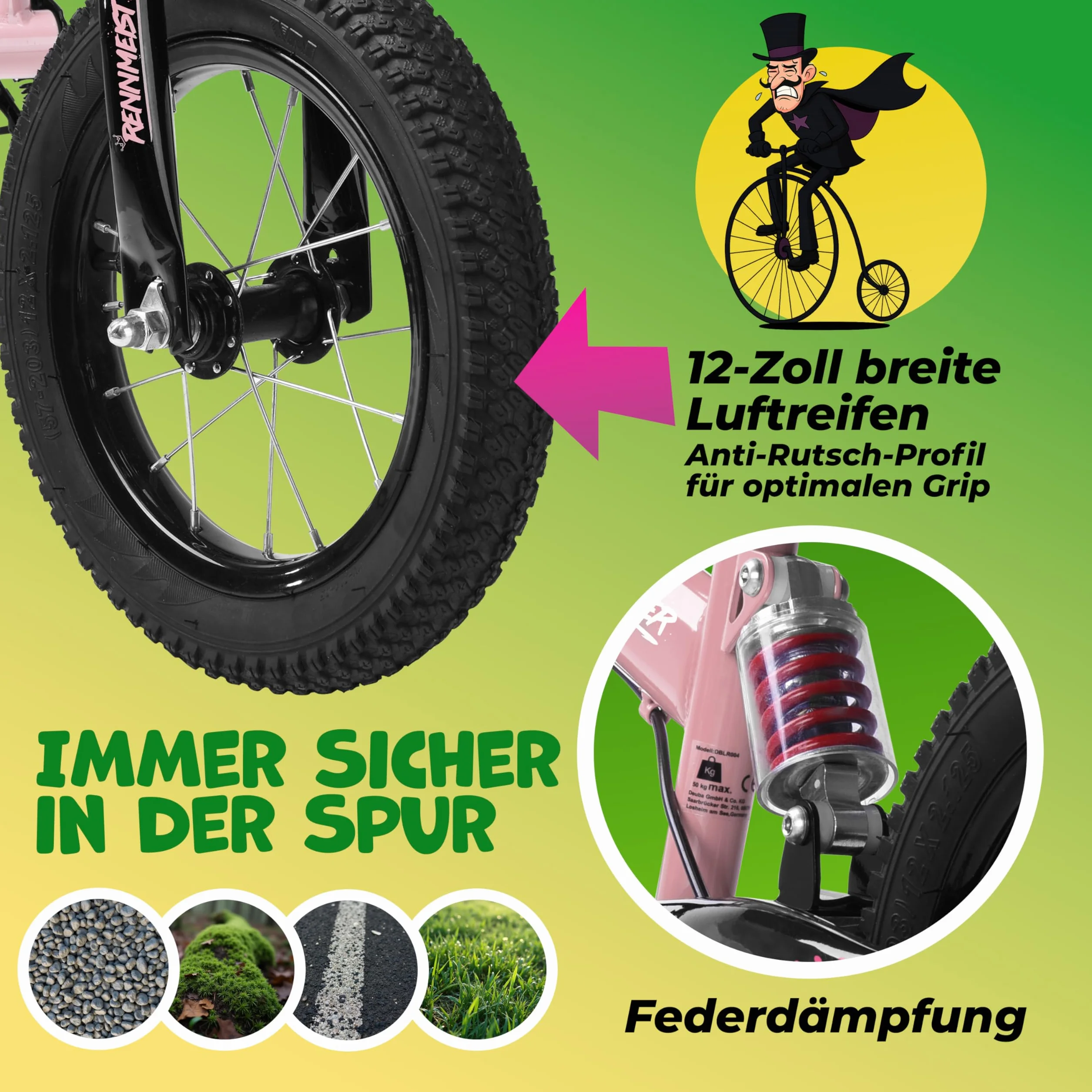 Bici per bambini da 2 Anni Ruota Apprendimento Freno Protezione dagli Urti Max Carico 50 kg Impugnature in Gomma, Fuchsia