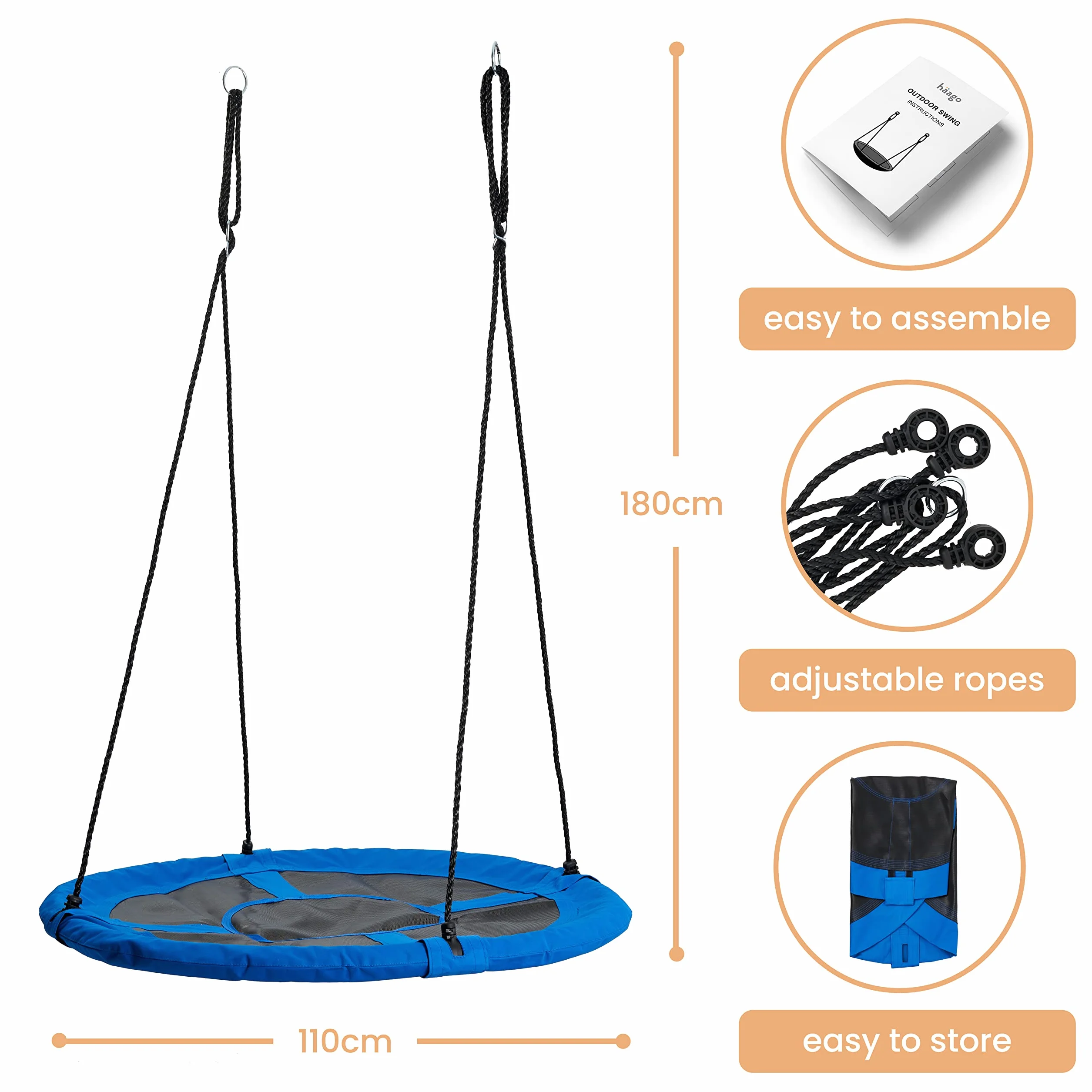 HAAGO Grande Altalena a Nido (110cm, Portata 180kg) - Seduta Sospesa da Giardino per Bambini e Adulti con Kit di Montaggio