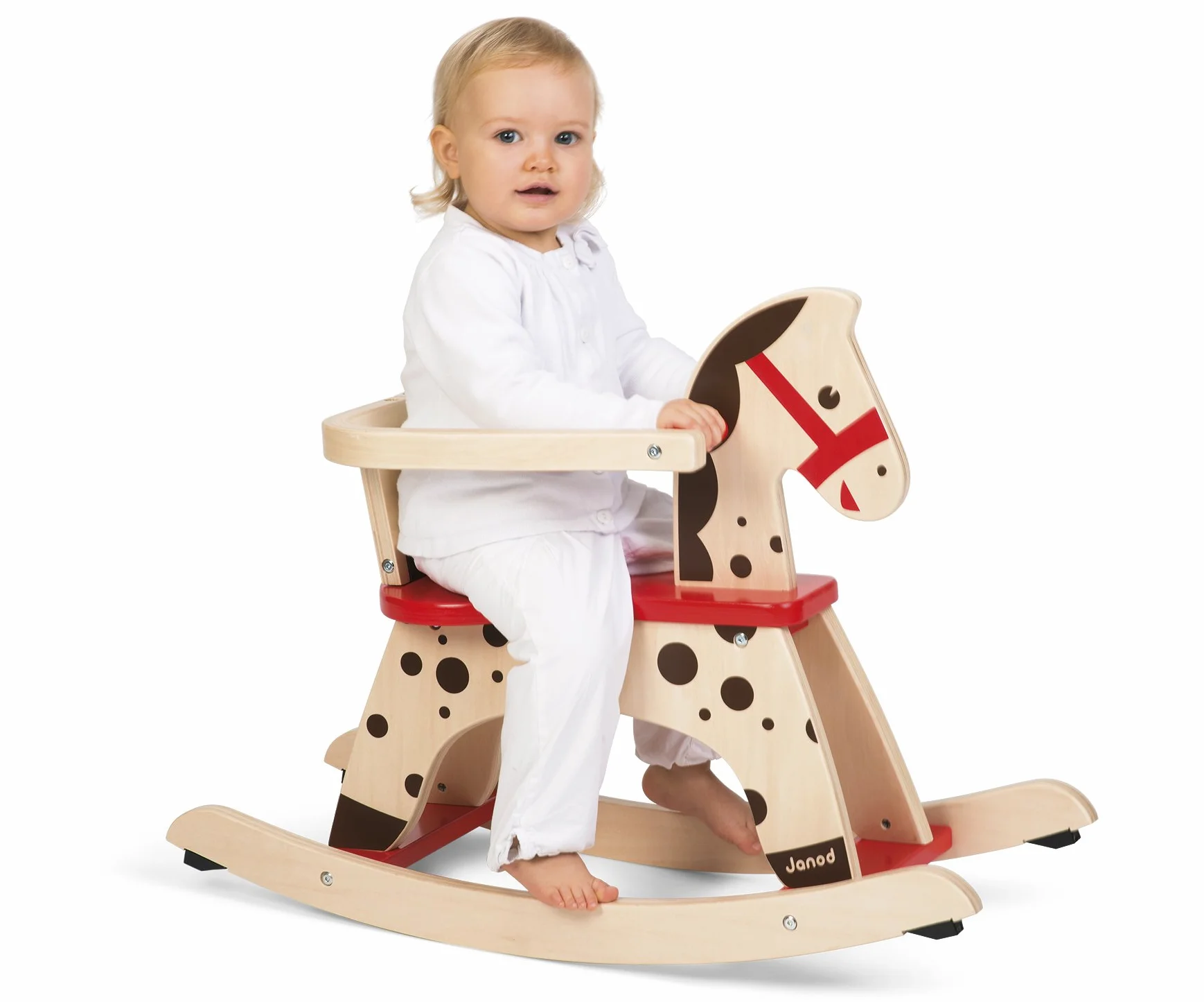 Janod - Cavallo a Dondolo in Legno Caramello - Giocattolo Primo Anno - Apprendimento Equilibrio - A Partire dall'anno, J05984, Marrone e Rosso