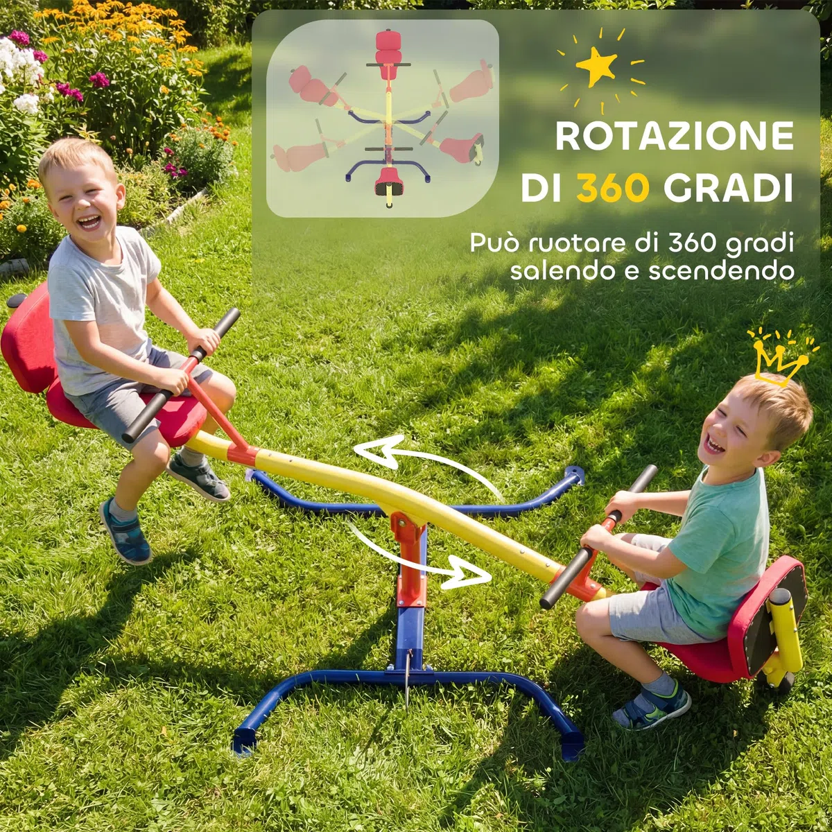 AIYAPLAY Altalena Bilico Bambini Girevole 360° 200kg 2 Posti Maniglie Antiscivolo Sedili Imbottiti Schienale Ruote Dondolo Esterno 253x96x75 cm