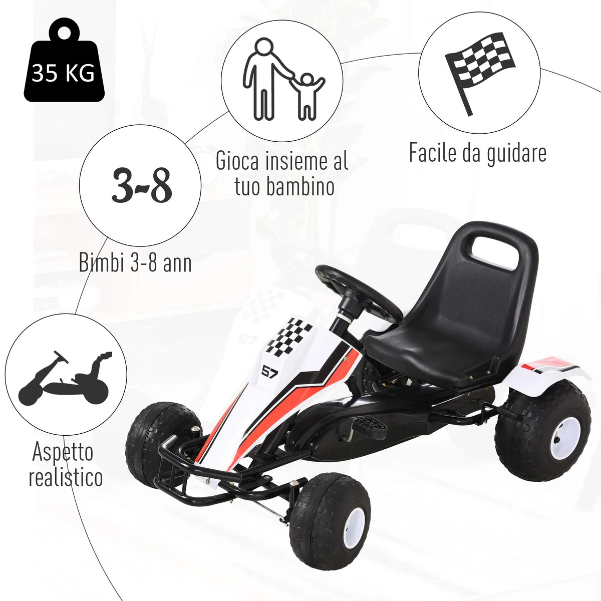 HOMCOM Go-Kart a Pedali Bianco per Bambini 3-6 Anni Sedile Regolabile Freno a Mano Cambio