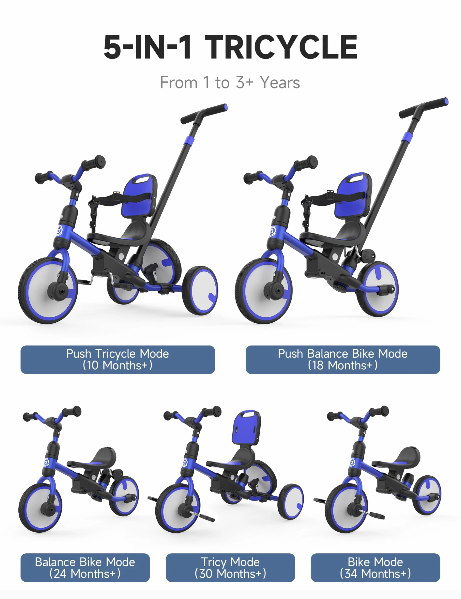 Besrey Triciclo Bambini 5 in 1 – Triciclo Evolutivo con Maniglione e Ruota di Scorta, Bici Senza Pedali per Bambini da 18 Mesi Dotato di Schienale e Cintura, Regalo Compleanno per Bambini (Blu scuro)