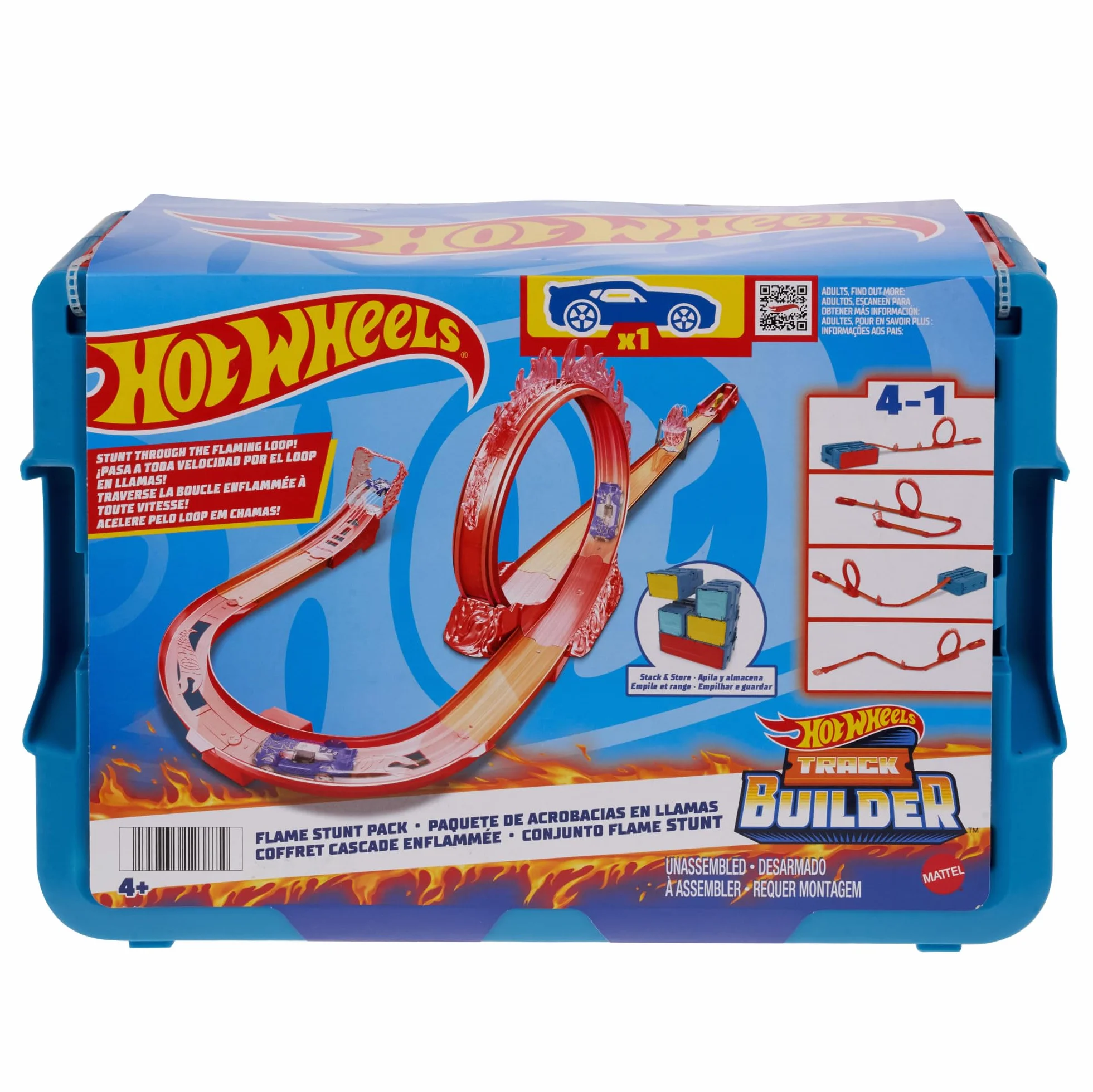 Hot Wheels - Hot Wheels pista tema fuoco e 1 macchinina, 16 pezzi di pista e componenti per acrobazie in confezione impilabile, giocattolo per bambini 4+ Anni, HMC04