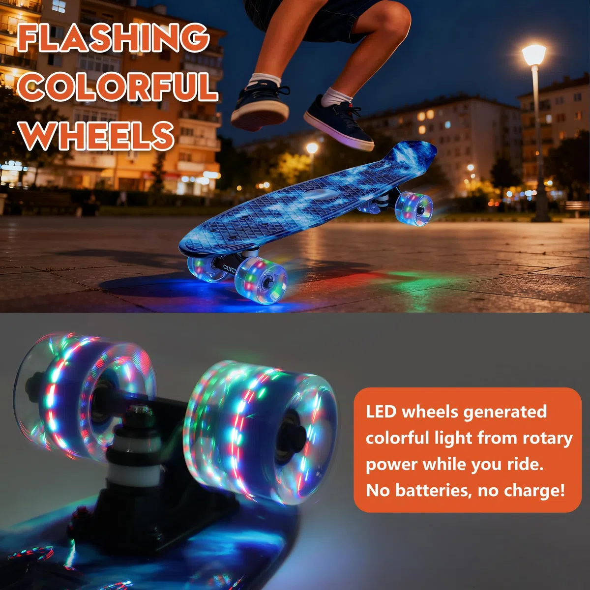 CLYCTIP Skateboard completo da 55,9 cm con ruote lampeggianti colorate e cuscinetti ABEC-11 per bambini, ragazzi, ragazze, principianti