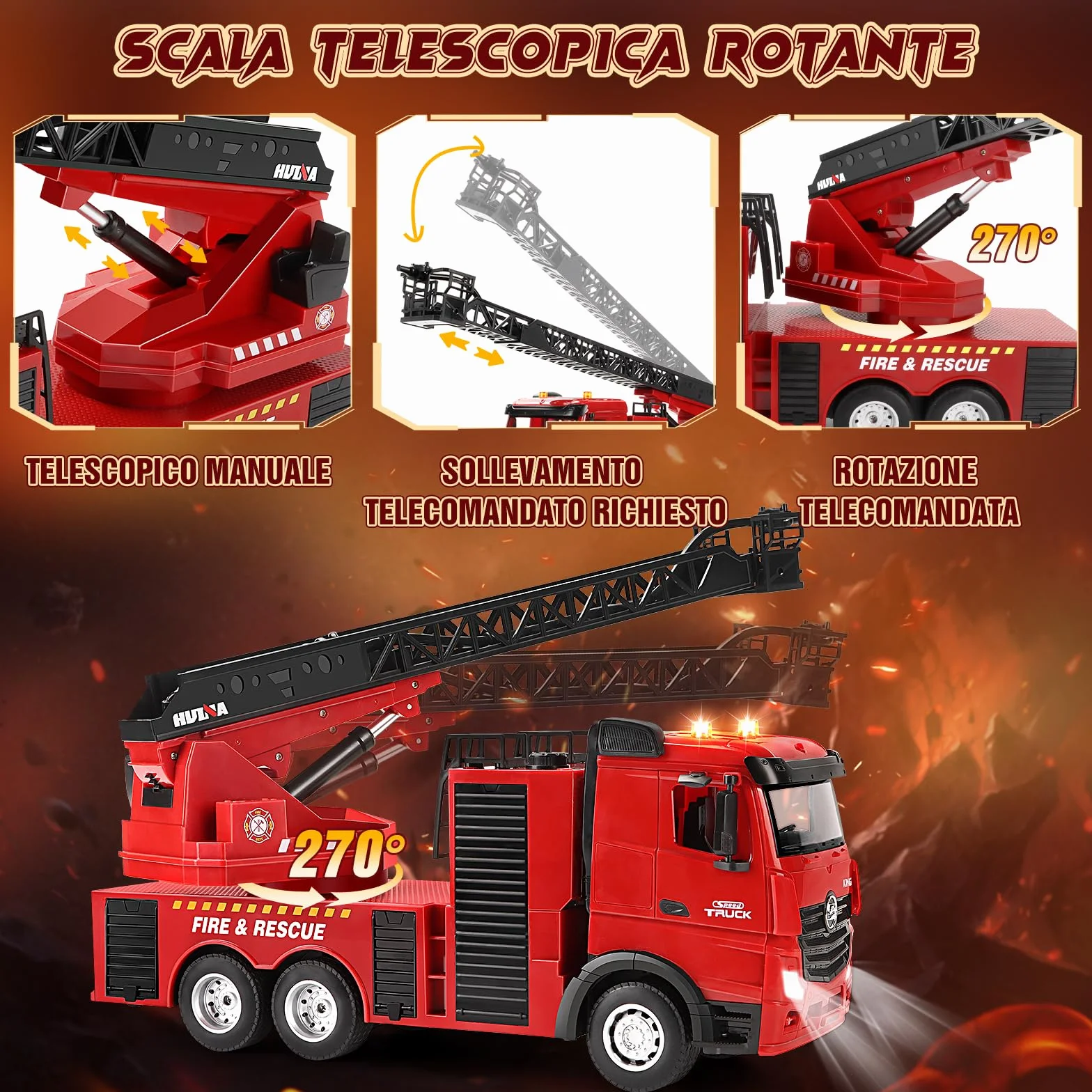 Joellfuner Camion Pompieri Giocattolo, 1:18 15 Canali Camion Pompieri Telecomandato, Giochi Vigili del Fuoco Radiocomandato Grande con Luci, Scala Retrattile e Pompa Spruzzatrice d'acqua per Bambini