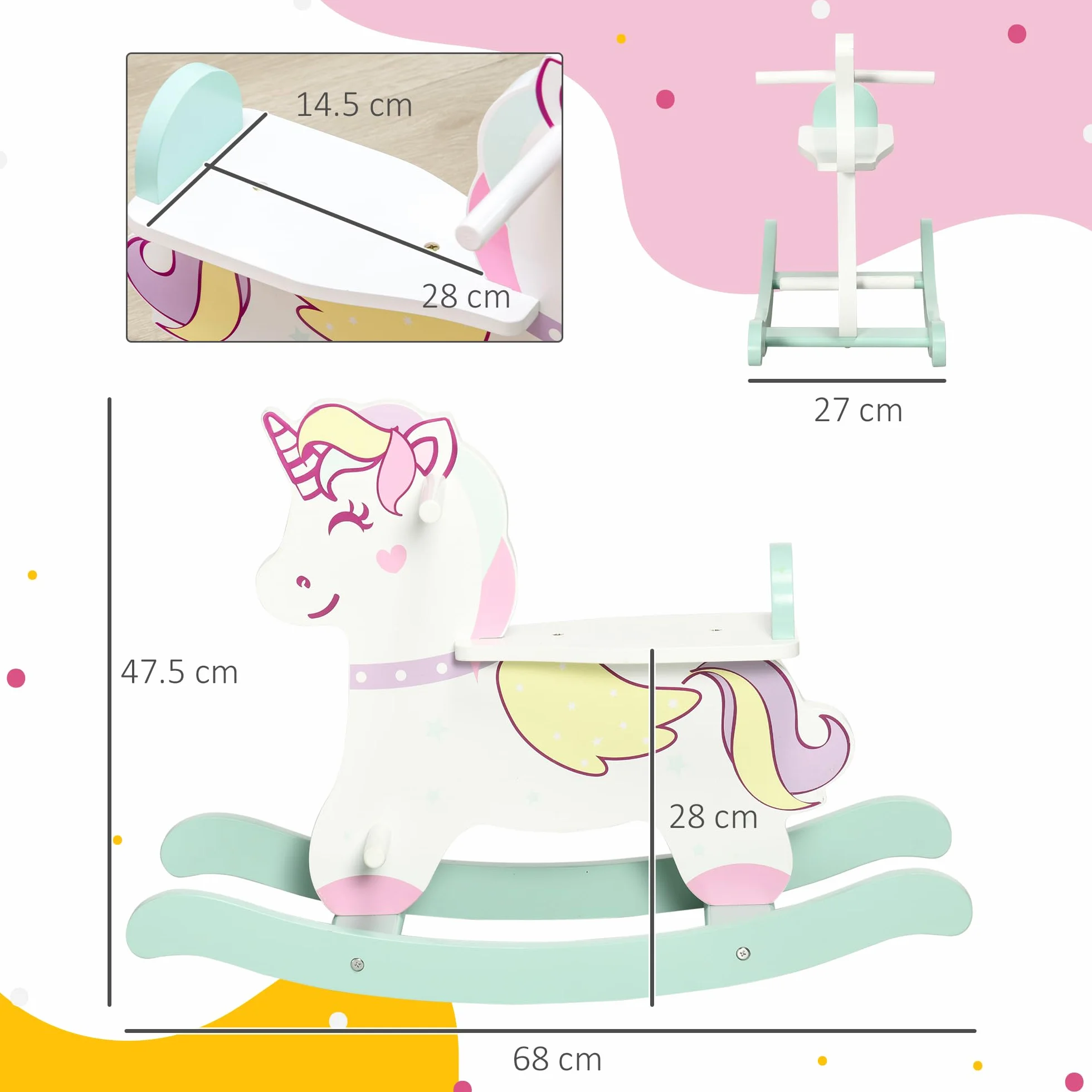HOMCOM Cavallo a Dondolo per Bambini 1-3 Anni Cavalcabile, Cavalluccio a Dondolo con Maniglie, Schienale e Pedali in MDF, 68x27x47.5 cm, Blu Rosa Bianco