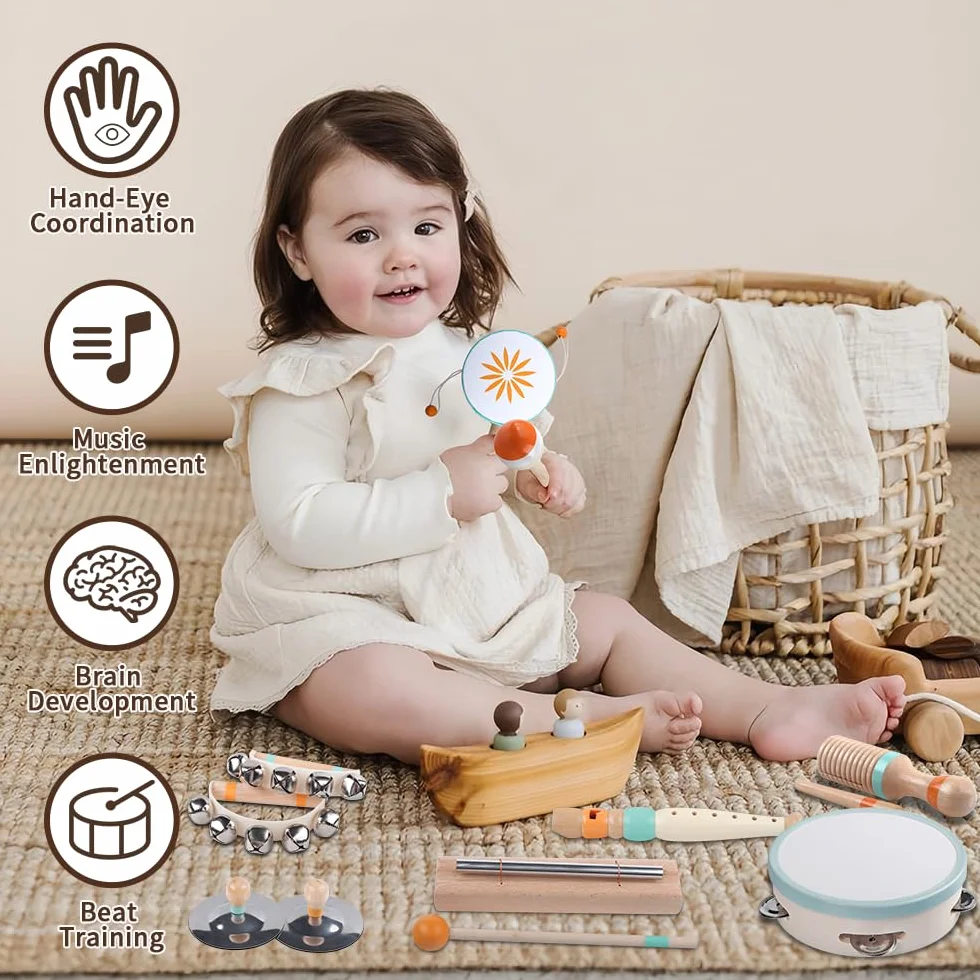 Strumenti Musicali per Bambini Piccoli, Giocattoli Montessori per Neonati, Strumenti a Percussione per 1 Anno Maschi e Femmine, Regalo Compleanno 1-3 Anni(8 in 1)