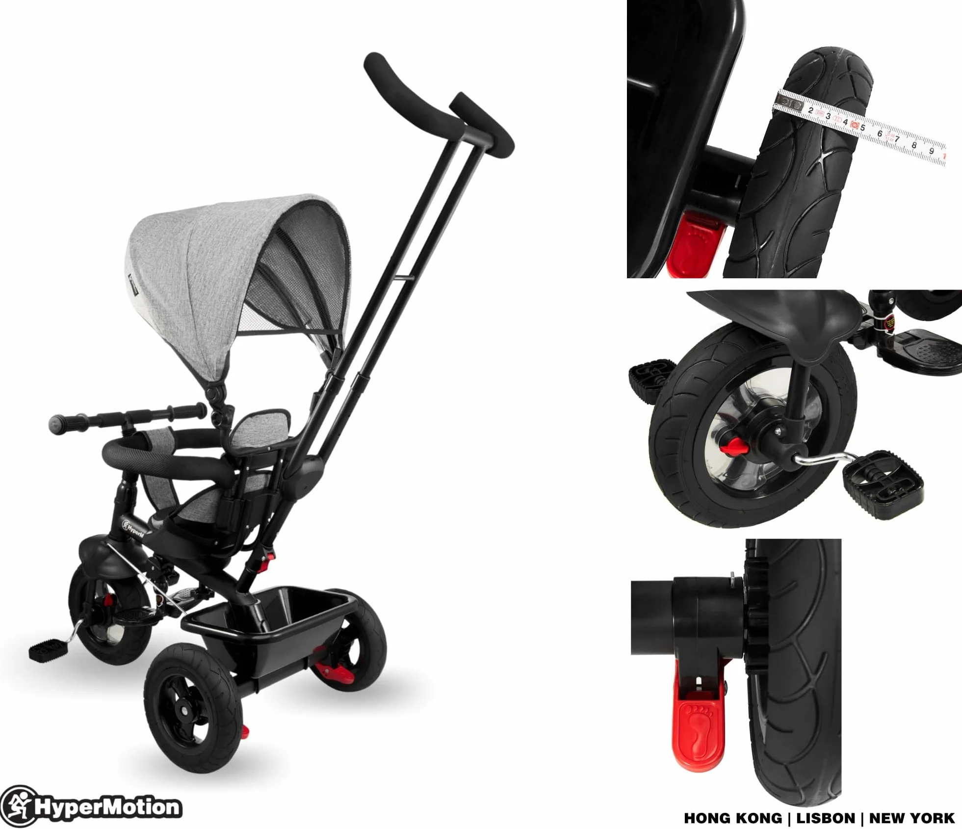 HyperMotion Triciclo Pieghevole per Bambini 1-4 Anni con Manubrio per Genitori - Bicicletta Evolutiva fino a 20kg - Monopattino Bambino Regolabile con Struttura Ergonomica, Grigio