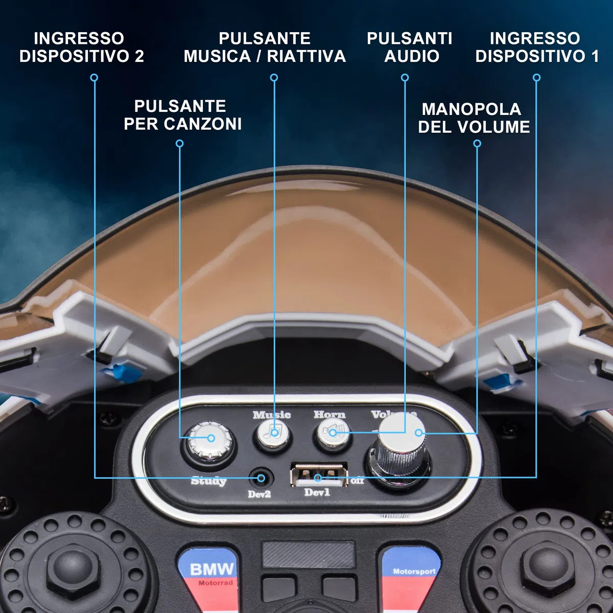 HOMCOM Moto Bambini BMW HP4 18-60 Mesi Fari Musica Pedali PP Metallo 82.5x42x54 cm Blu