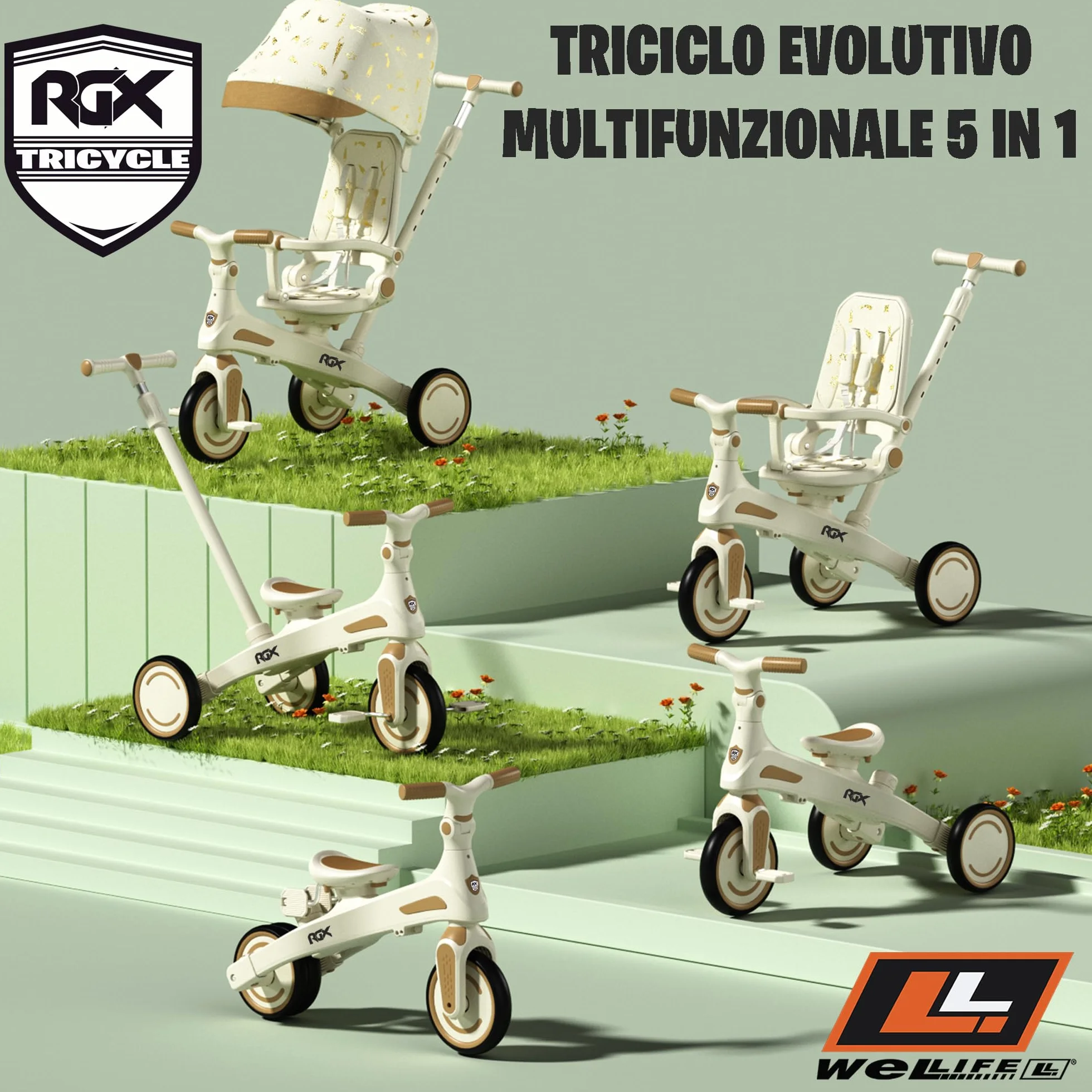 WeLLIFE RGX Triciclo Evolutivo 5 in 1 per Bambini 1-3 Anni | Con sedile girevole 360, maniglione genitore, cappottina parasole, cinture e montaggio senza attrezzi
