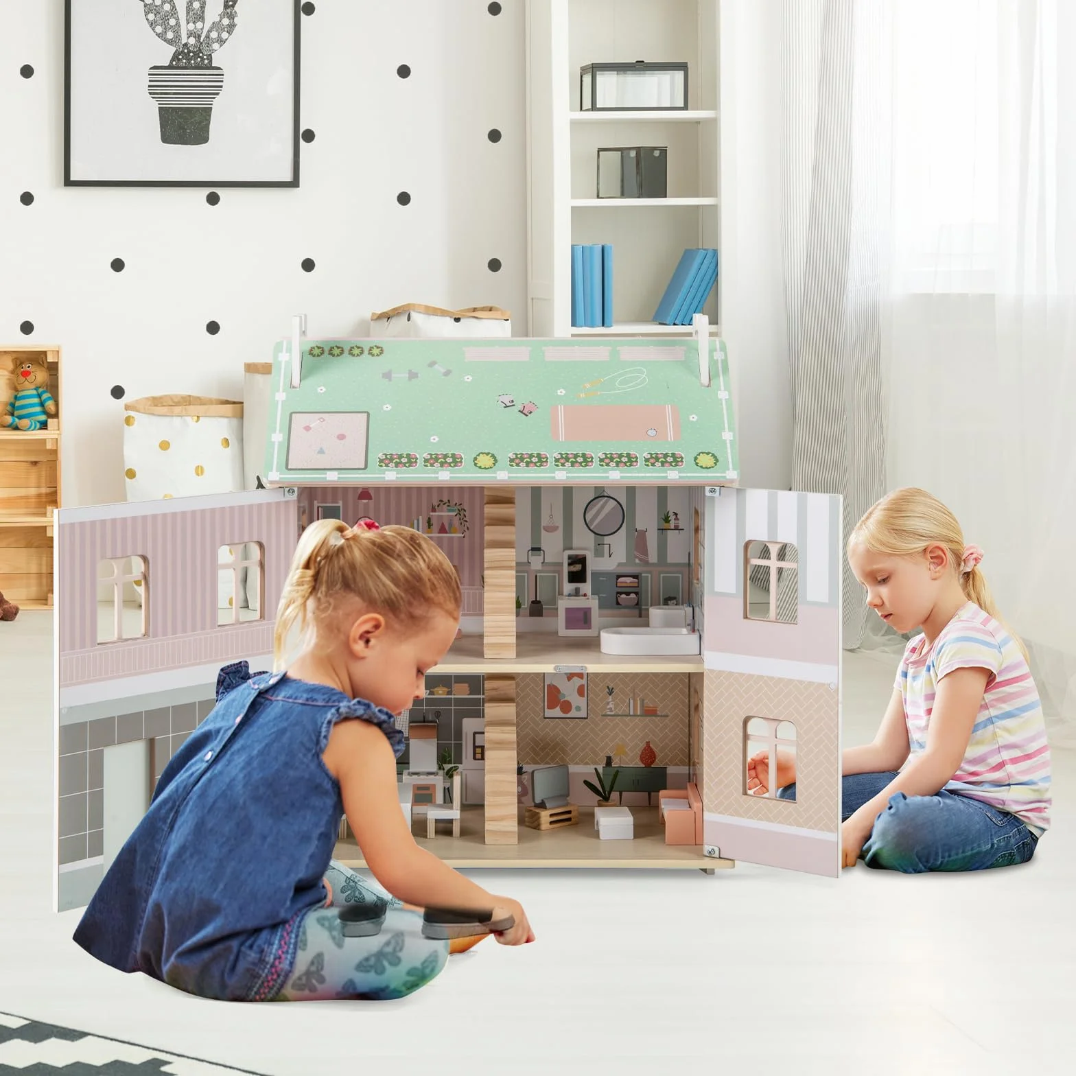 HOMASIS Casa delle Bambole per Bambini a 3 Piani, Casa da Sogno per Bambole in Legno con Mobili, Accessori, Tetti a Doppia Faccia, Villa delle Bambole di 3+ Anni, 55 x 33,5 x 66 cm, Rosa